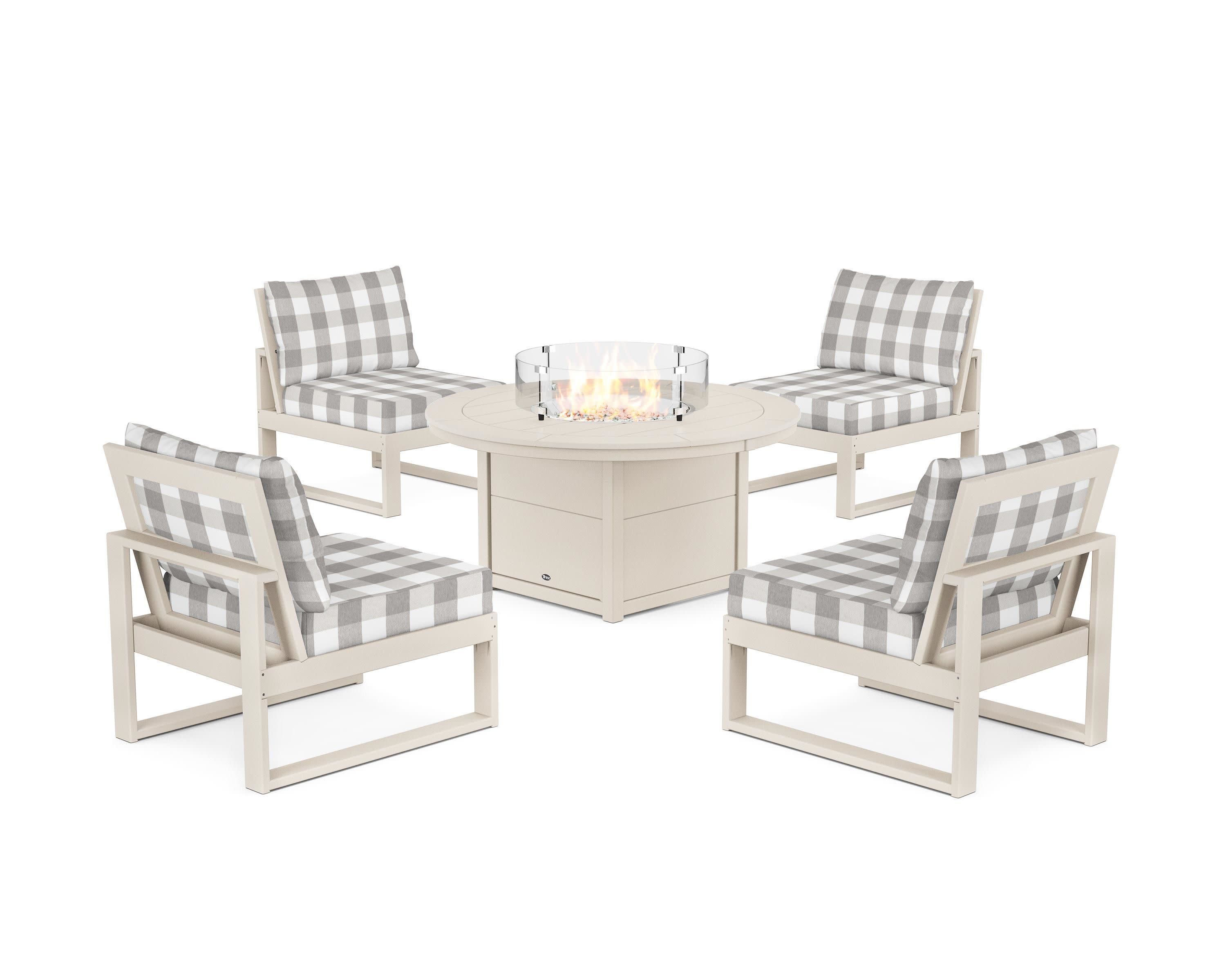 Eastport Modular 5-Piece Deep Seating Set with Round Fire Pit Table in Sand Castle / Buffalo Plaid Grey Mist