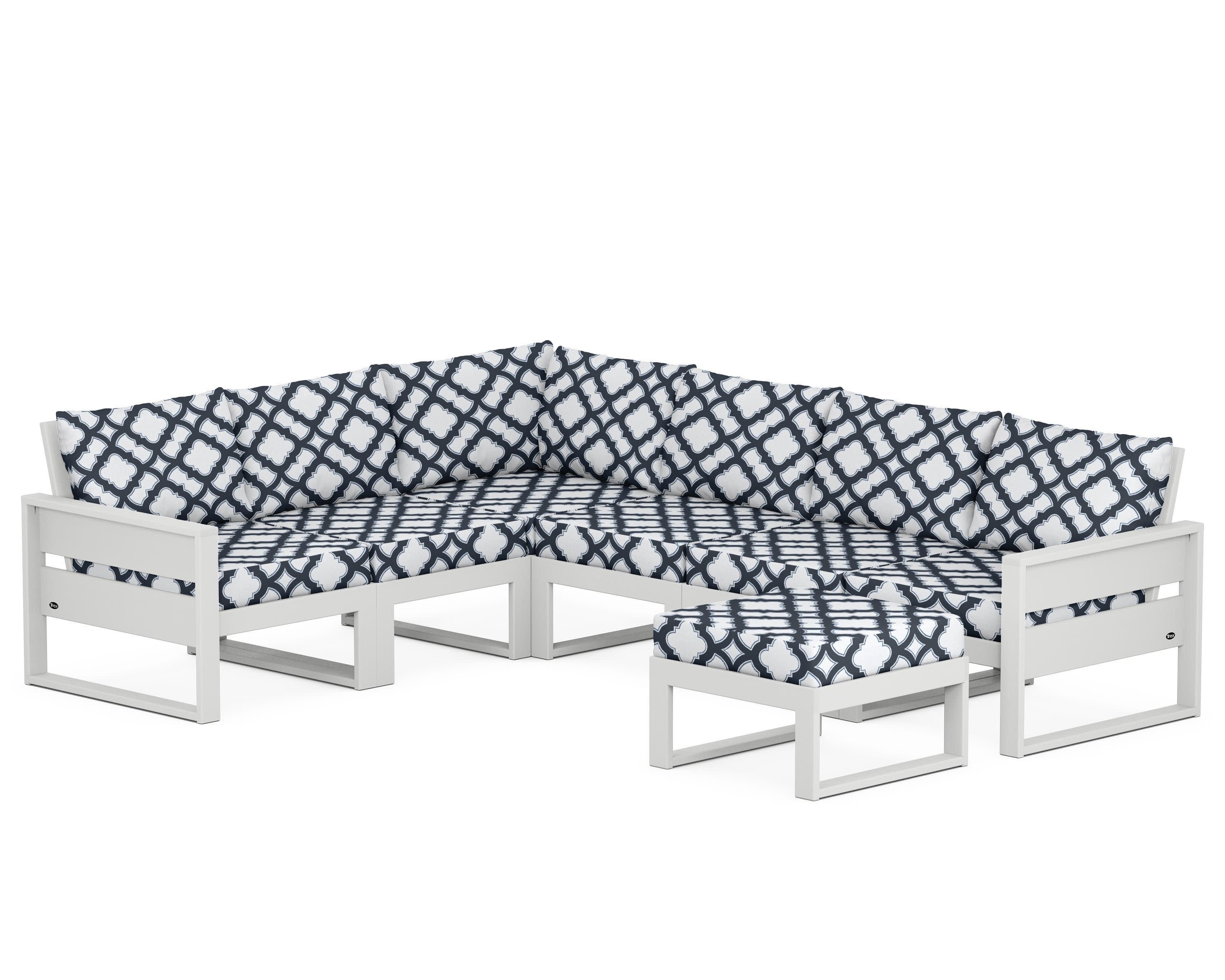 Eastport 6-Piece Sectional with Ottoman in Classic White / Trellis Marine Indigo