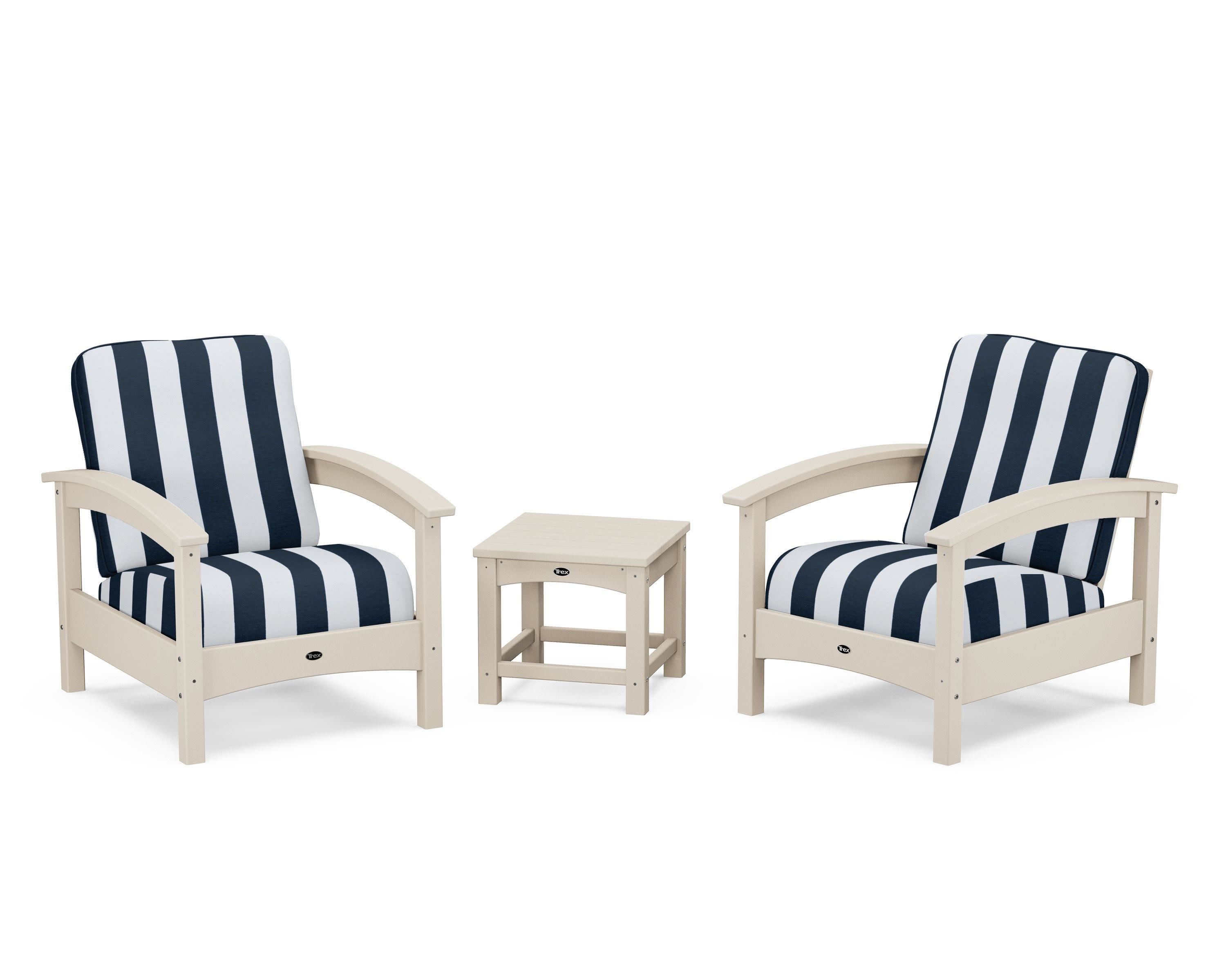 Rockport Club 3-Piece Deep Seating Conversation Set in Sand Castle / Cabana Stripe Marine Indigo