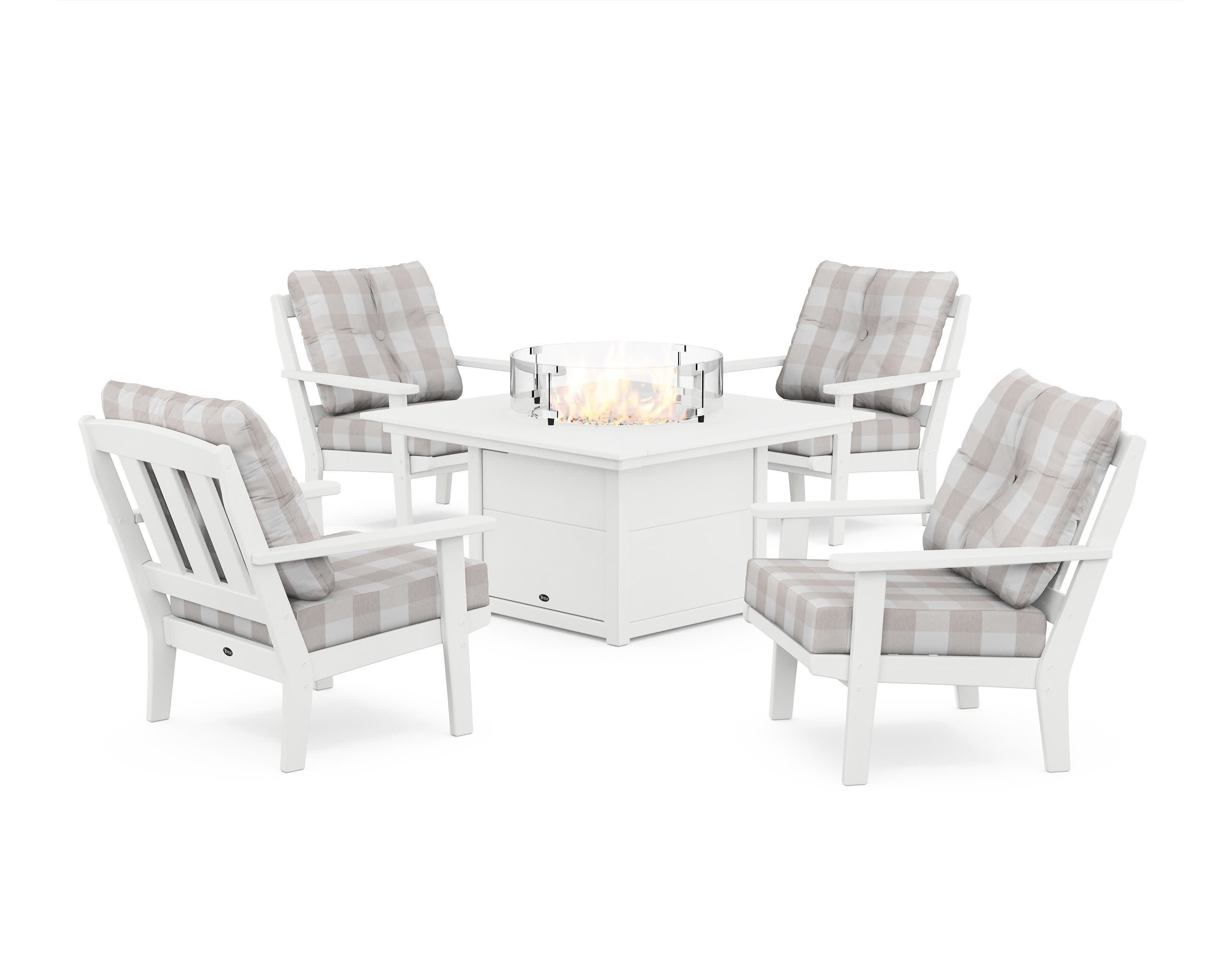 Cape Cod 5-Piece Deep Seating Set with Fire Pit Table in Classic White / Buffalo Plaid Dune Burlap