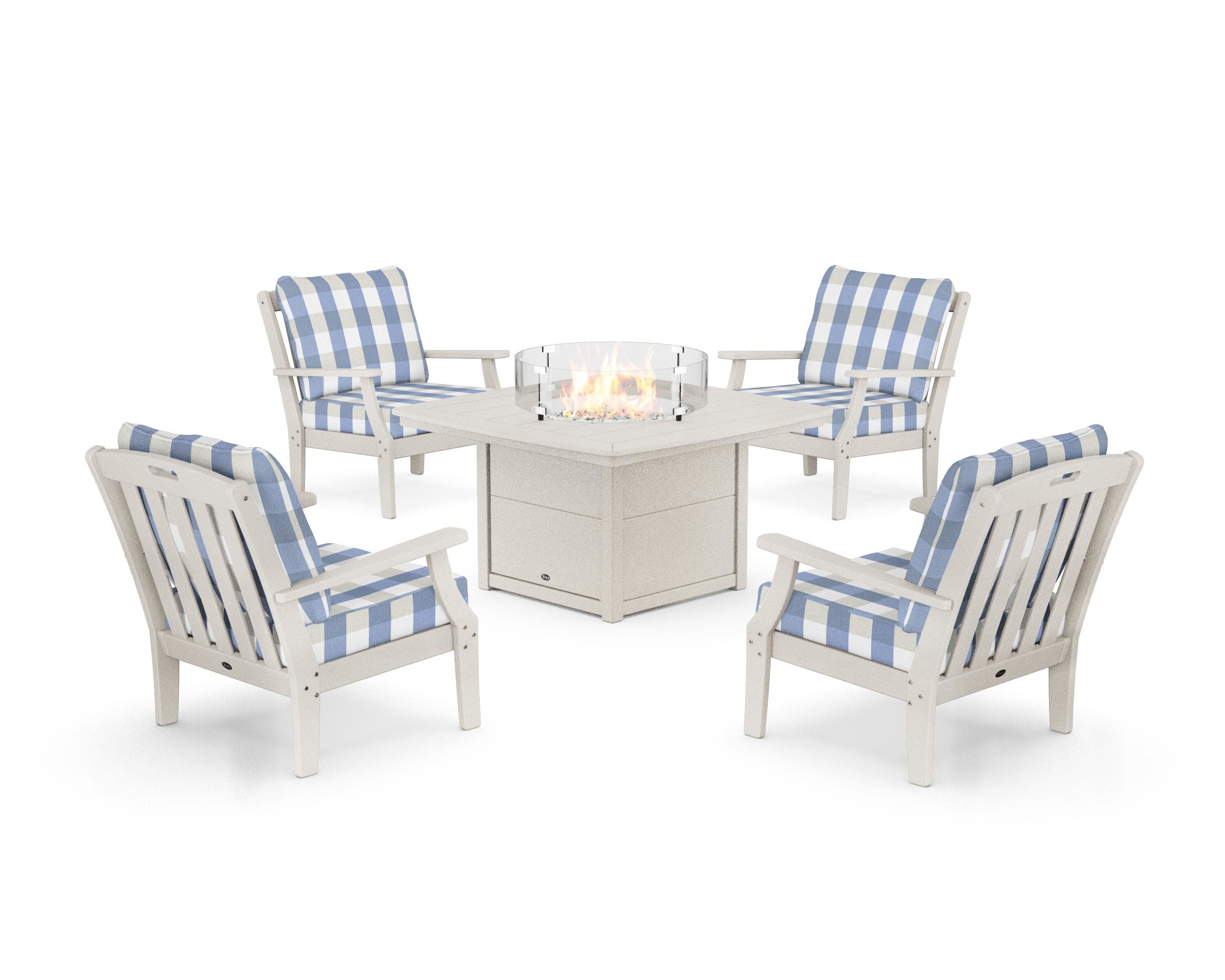 Yacht Club 5-Piece Deep Seating Set with Fire Pit Table in Sand Castle / Buffalo Plaid Sky Blue
