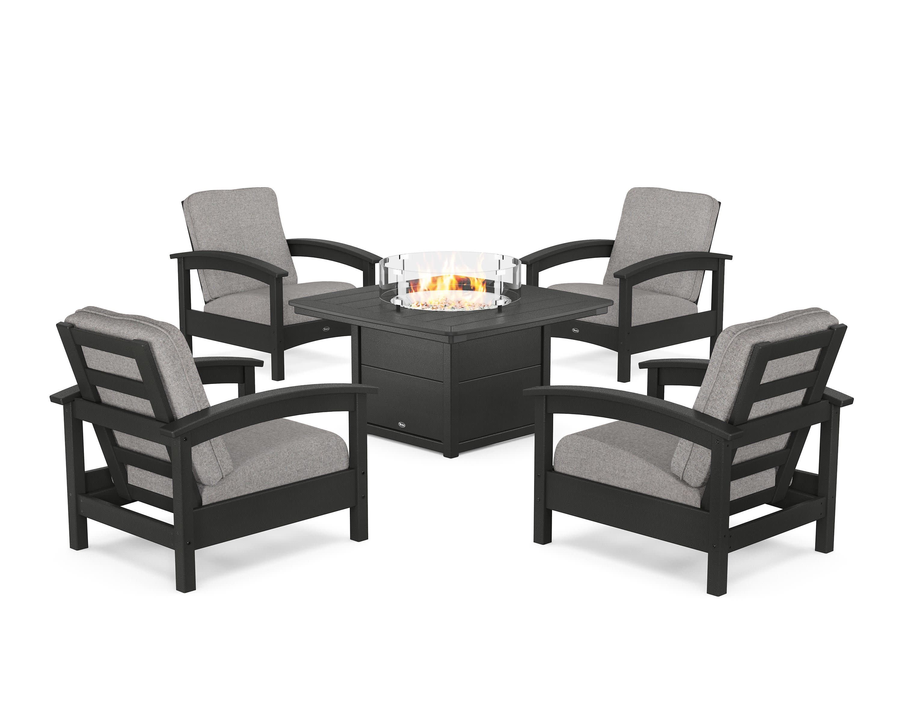 Rockport 5-Piece Deep Seating Set with Yacht Club Fire Pit Table in Charcoal Black / Grey Mist