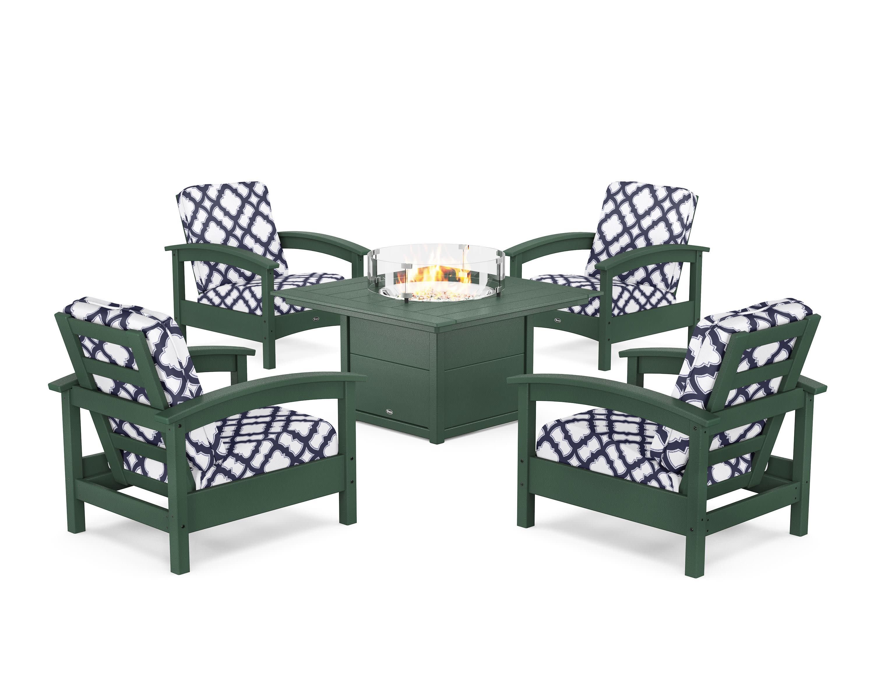 Rockport 5-Piece Deep Seating Set with Square Fire Pit Table in Rainforest Canopy / Trellis Navy