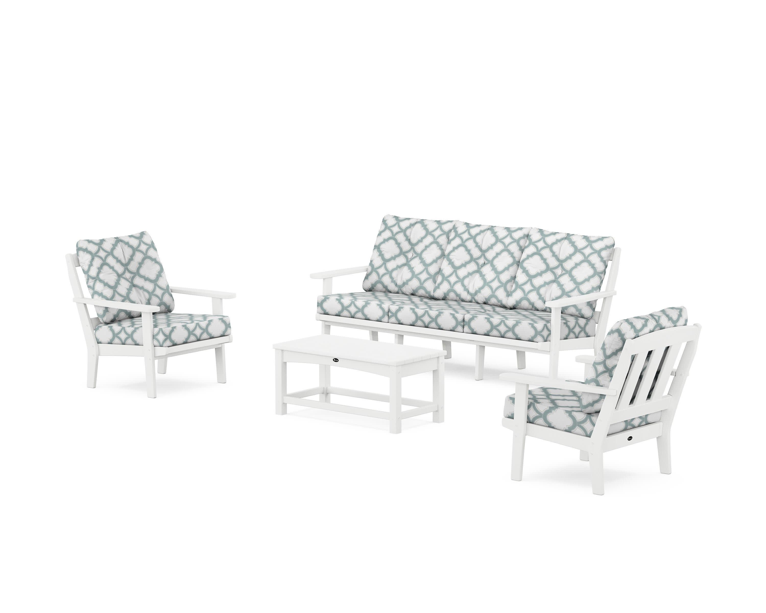 Cape Cod 4-Piece Deep Seating Set with Sofa in Classic White / Trellis Glacier Spa