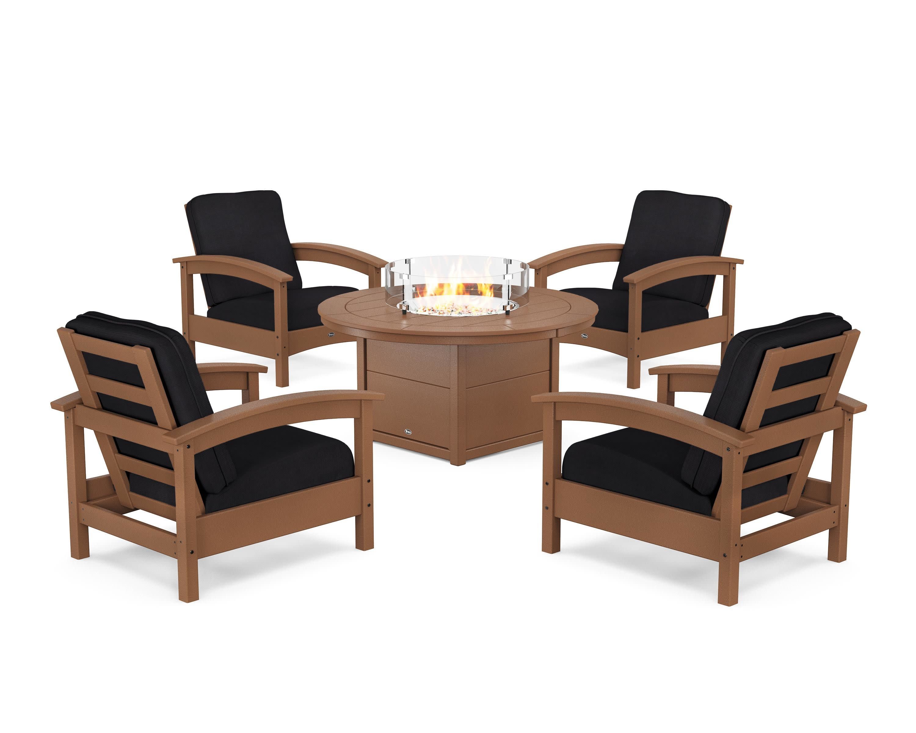 Rockport 5-Piece Deep Seating Set with Round Fire Pit Table in Tree House / Midnight Linen