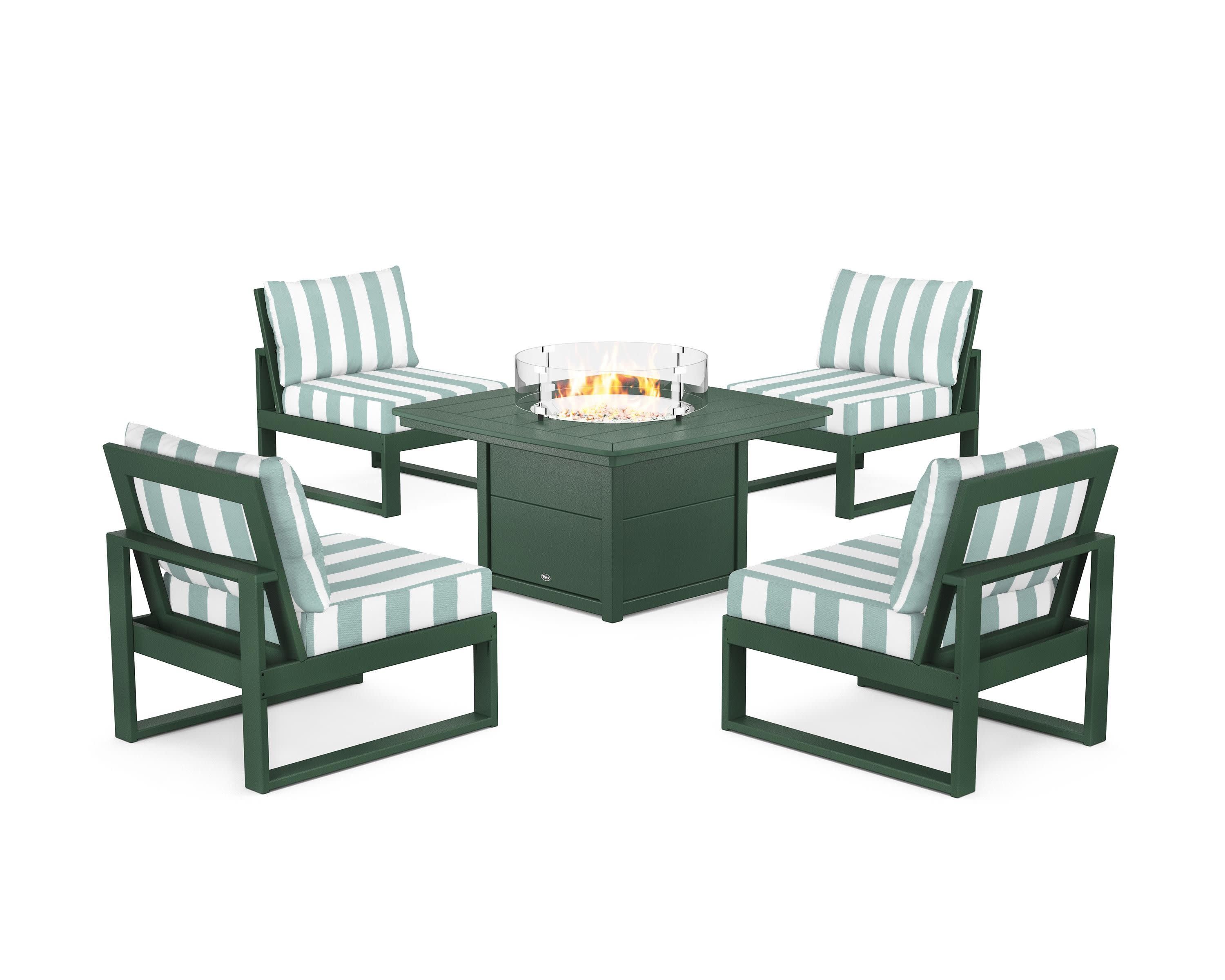 Eastport Modular 5-Piece Deep Seating Set with Yacht Club Fire Pit Table in Rainforest Canopy / Cabana Stripe Glacier Spa