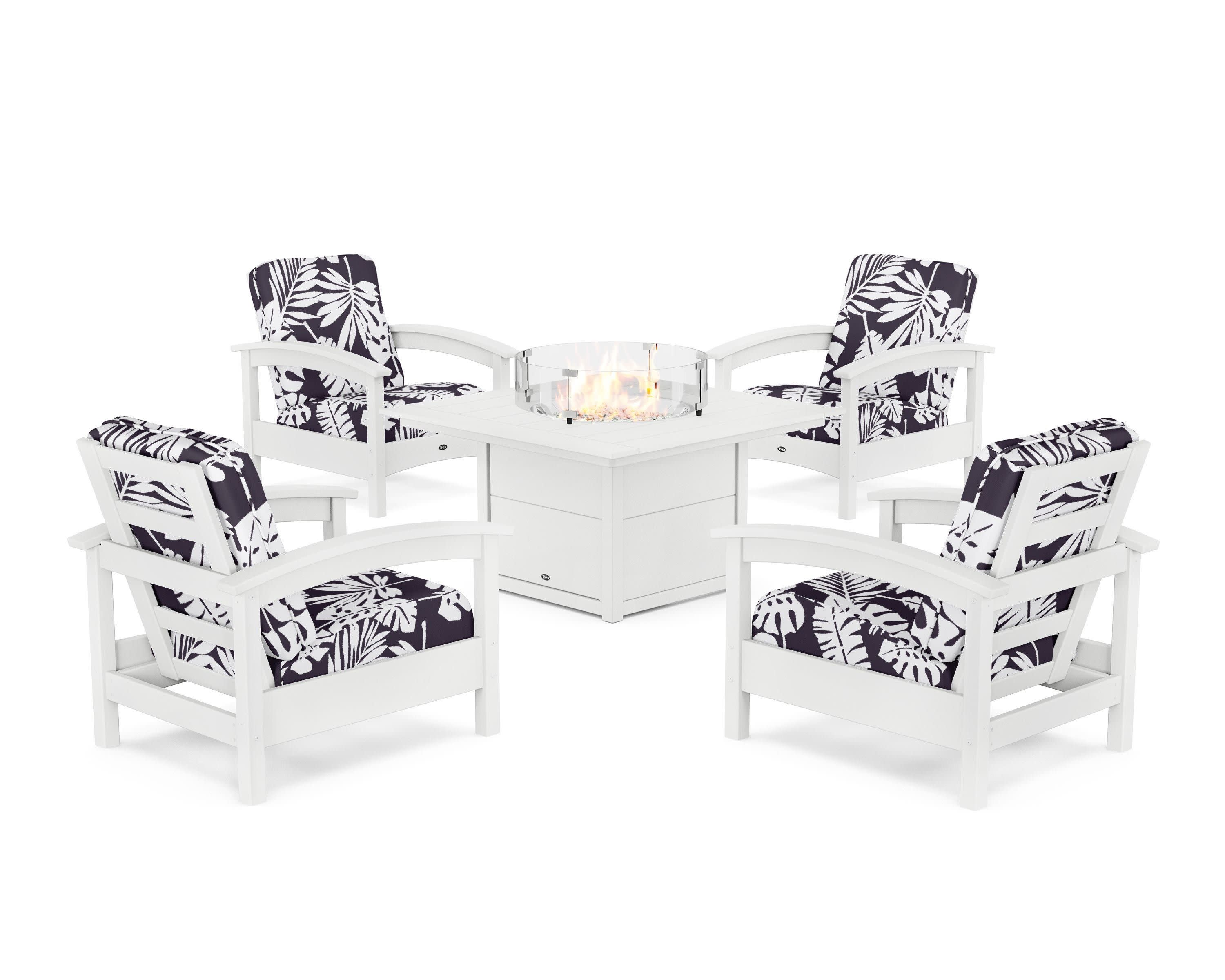 Rockport 5-Piece Deep Seating Set with Square Fire Pit Table in Classic White / Leaf Navy