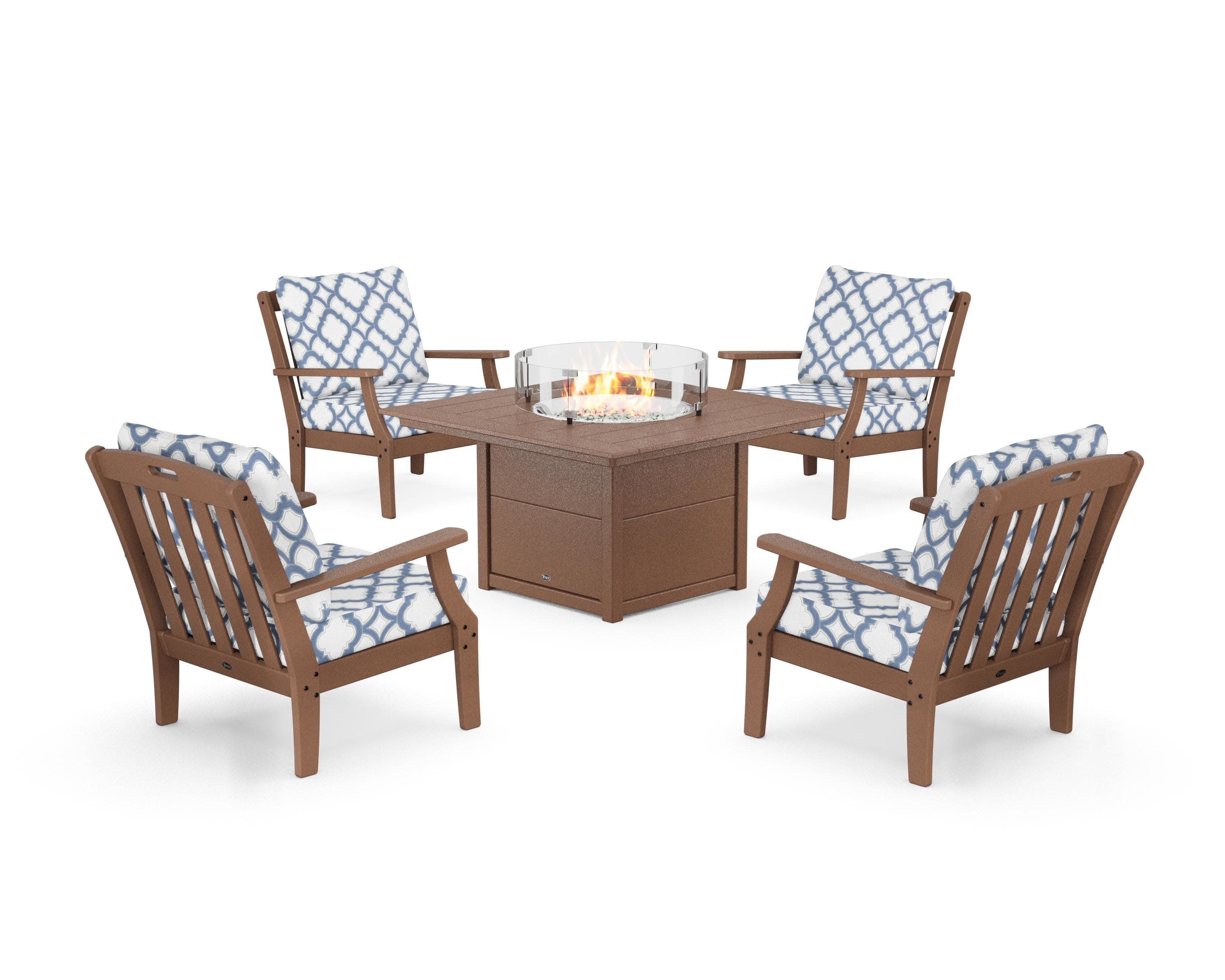 Yacht Club 5-Piece Deep Seating Set with Square Fire Pit Table in Tree House / Trellis Sky Blue