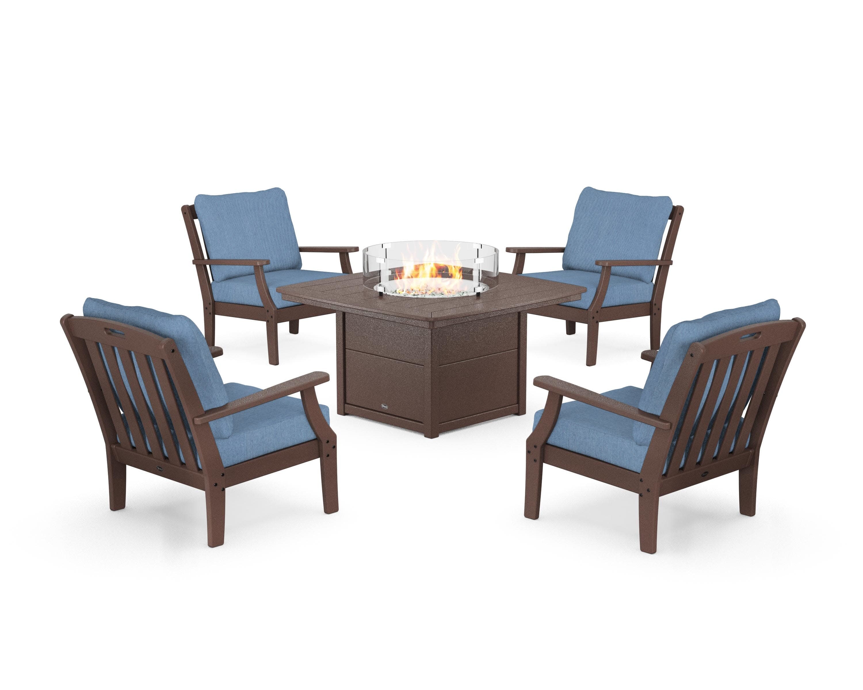 Yacht Club 5-Piece Deep Seating Set with Fire Pit Table in Vintage Lantern / Sky Blue