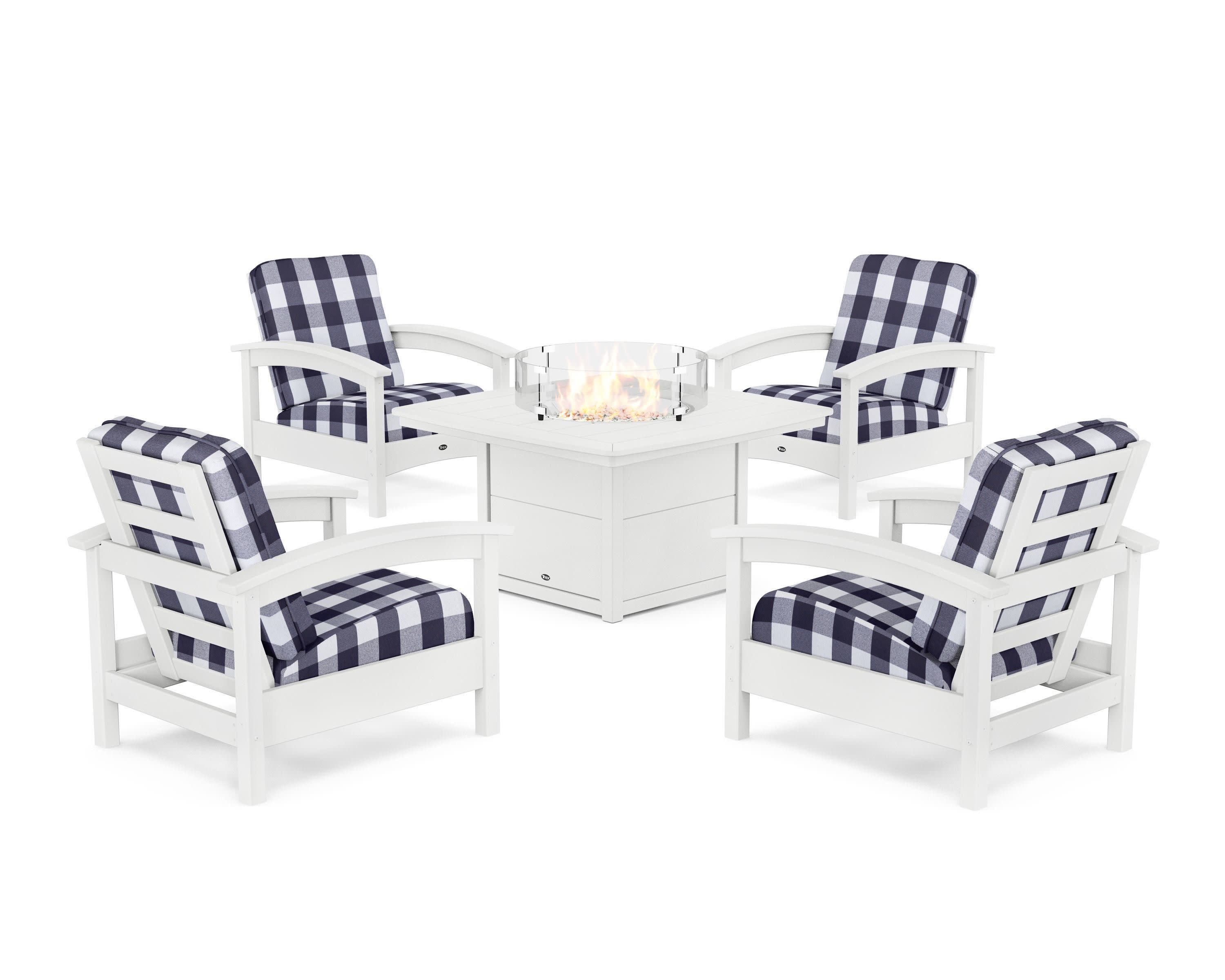 Rockport 5-Piece Deep Seating Set with Yacht Club Fire Pit Table in Classic White / Buffalo Plaid Navy