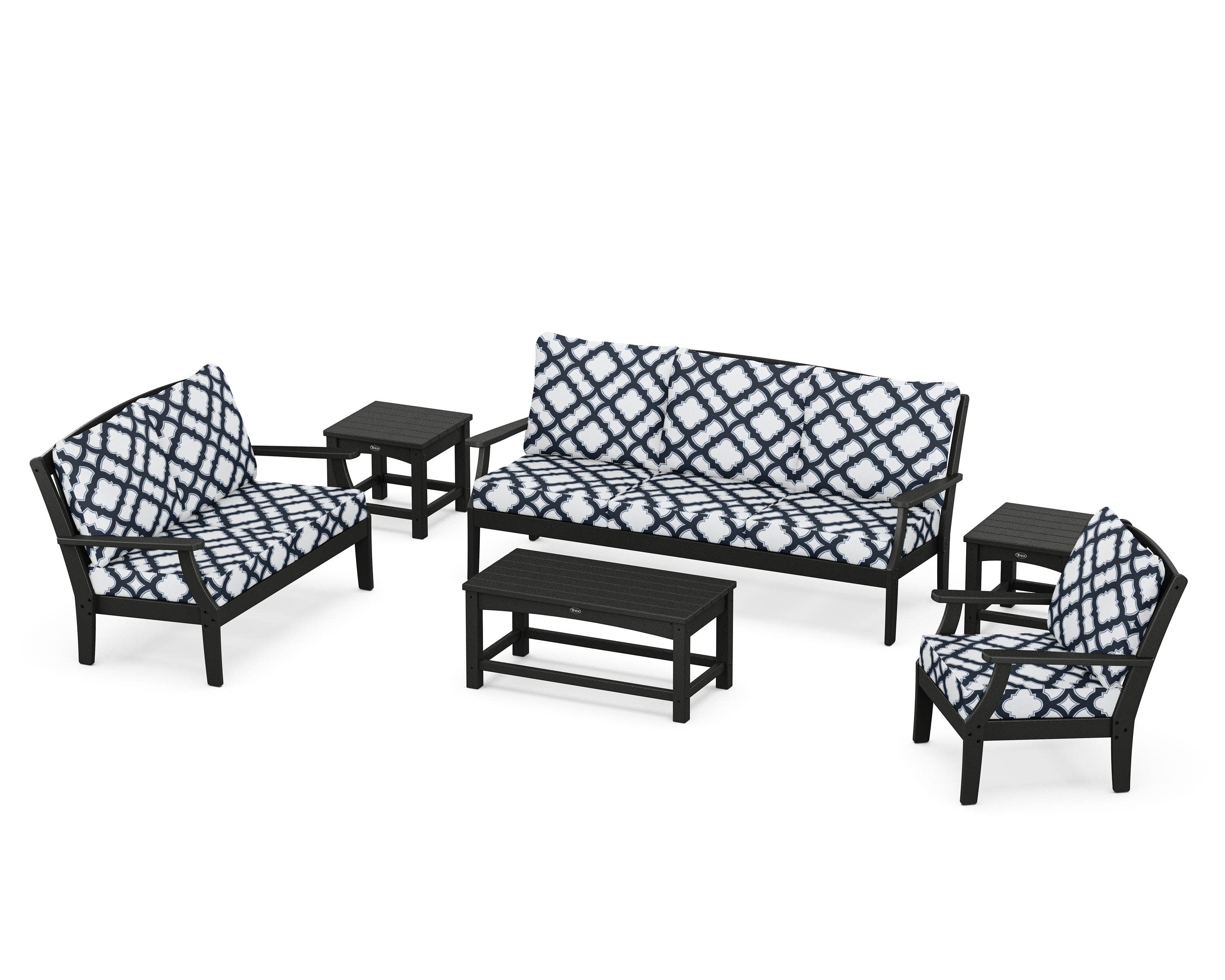 Yacht Club 6-Piece Deep Seating Set in Charcoal Black / Trellis Marine Indigo