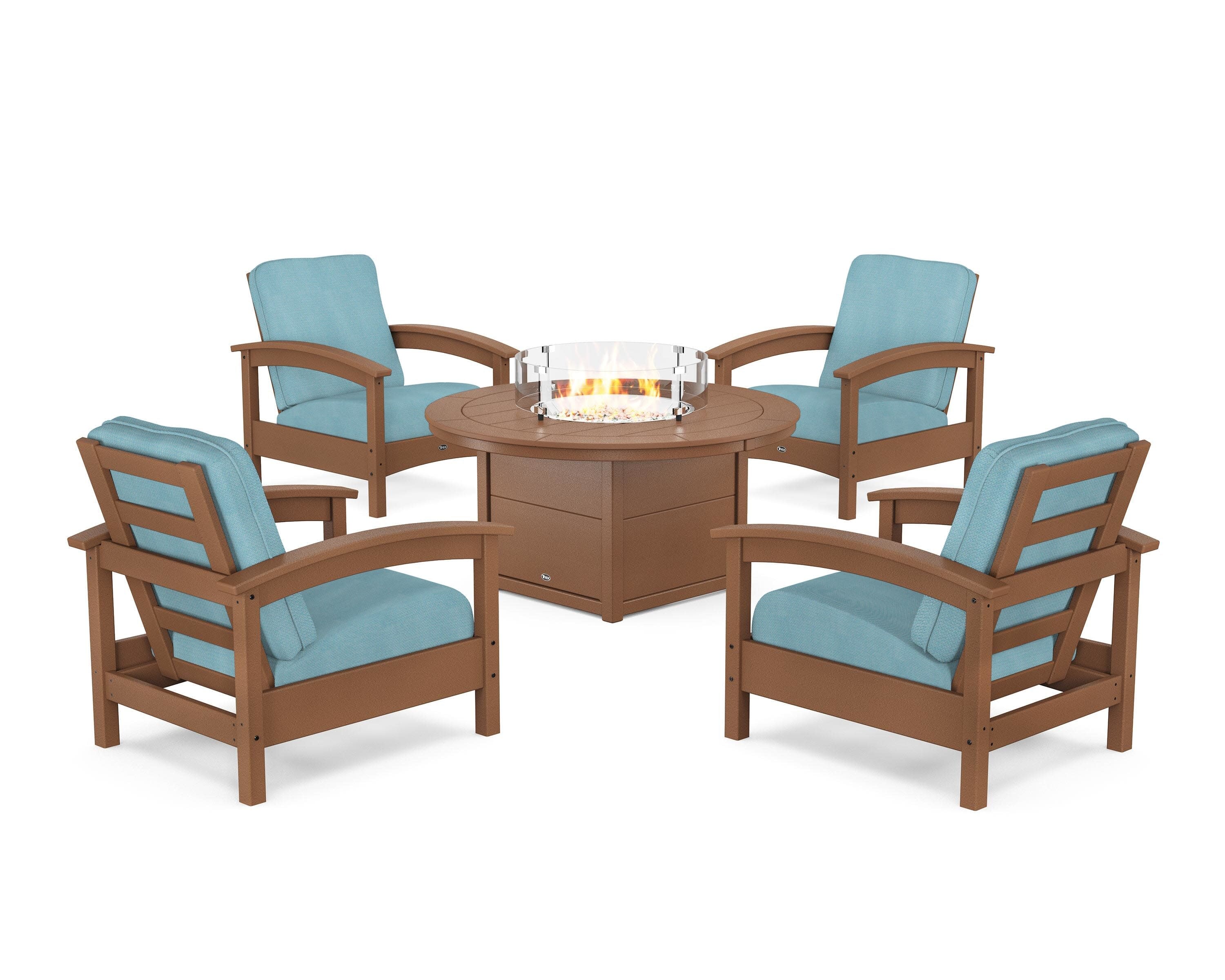 Rockport 5-Piece Deep Seating Set with Round Fire Pit Table in Tree House / Lattice Sky Blue