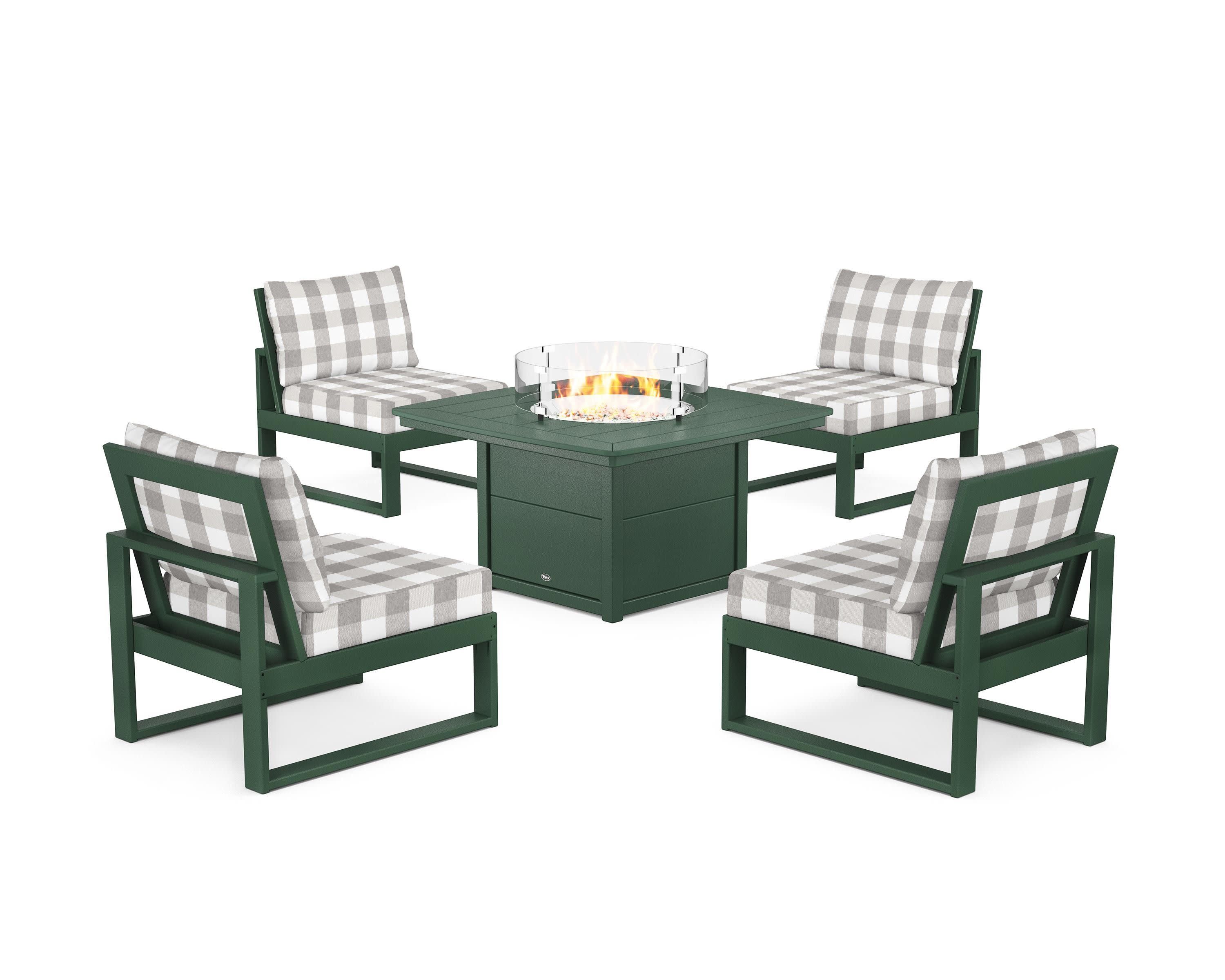 Eastport Modular 5-Piece Deep Seating Set with Yacht Club Fire Pit Table in Rainforest Canopy / Buffalo Plaid Grey Mist