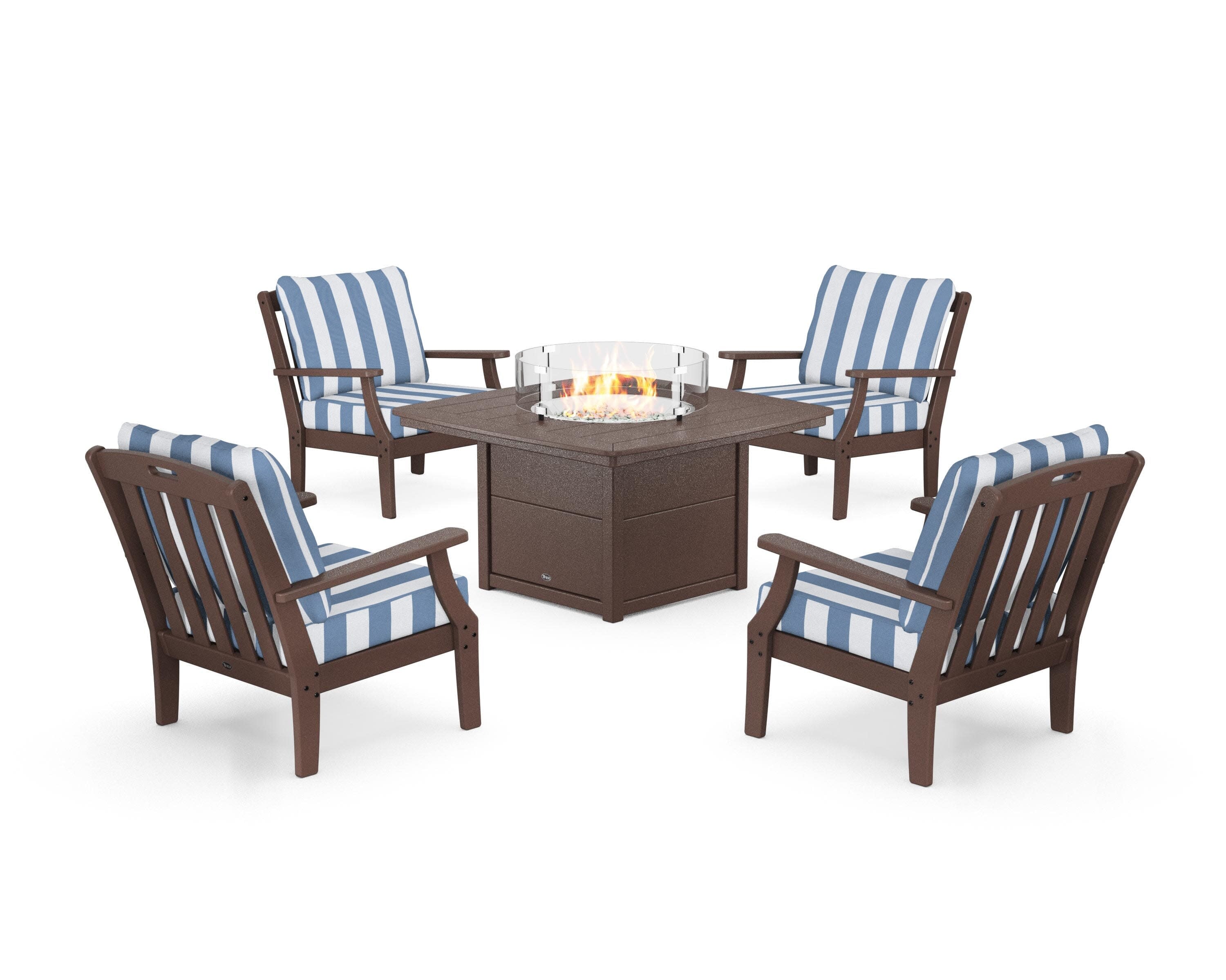 Yacht Club 5-Piece Deep Seating Set with Fire Pit Table in Vintage Lantern / Cabana Stripe Sky Blue