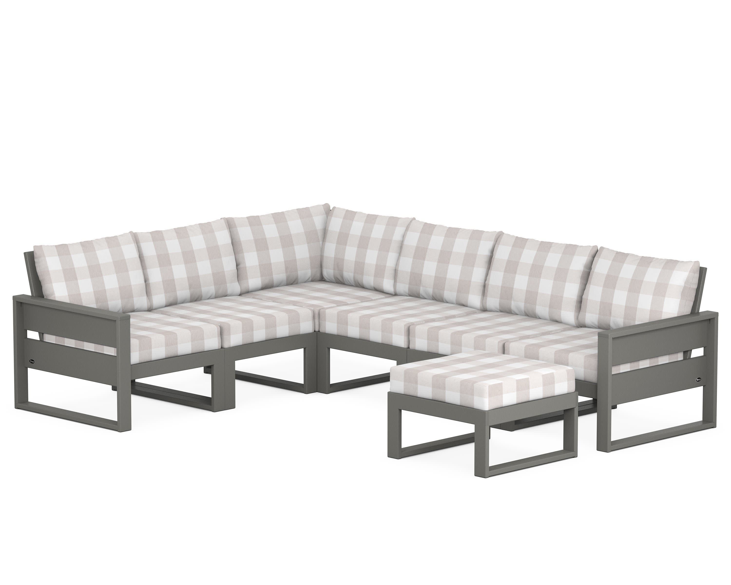 Eastport 6-Piece Sectional with Ottoman in Stepping Stone / Buffalo Plaid Dune Burlap