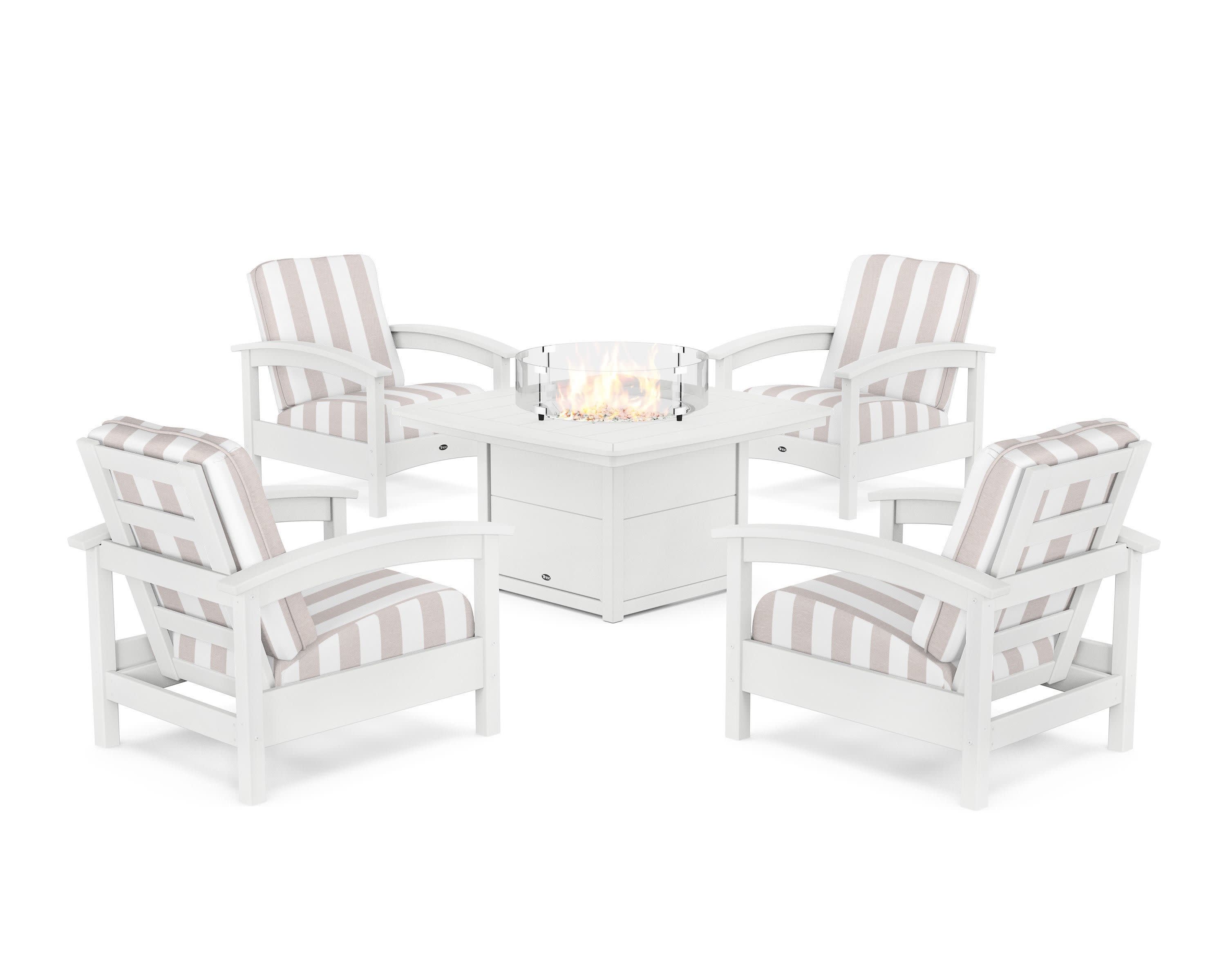 Rockport 5-Piece Deep Seating Set with Yacht Club Fire Pit Table in Classic White / Cabana Stripe Dune Burlap