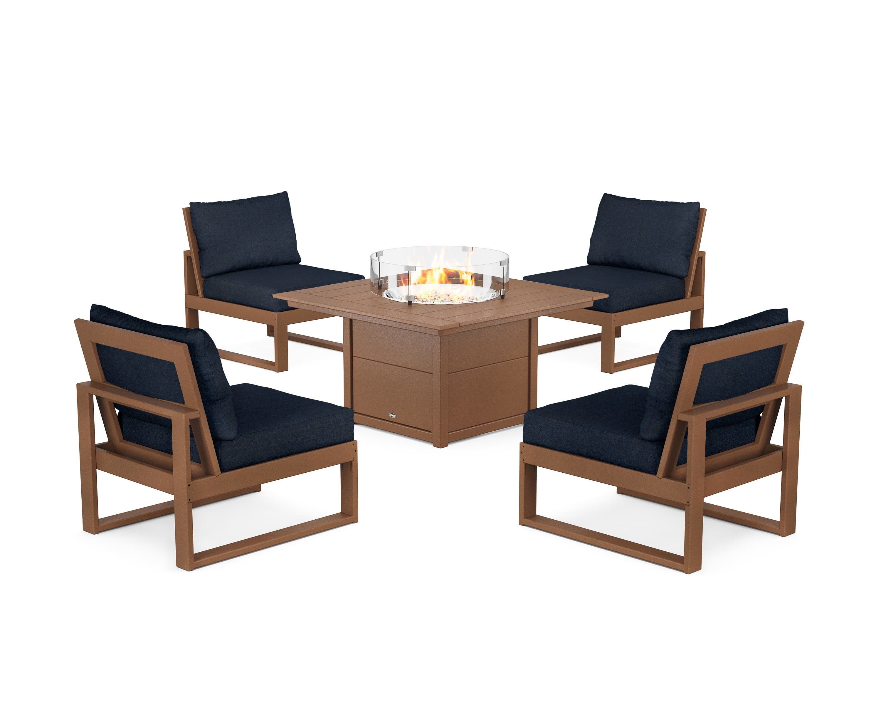 Eastport Modular 5-Piece Deep Seating Set with Square Fire Pit Table in Tree House / Marine Indigo