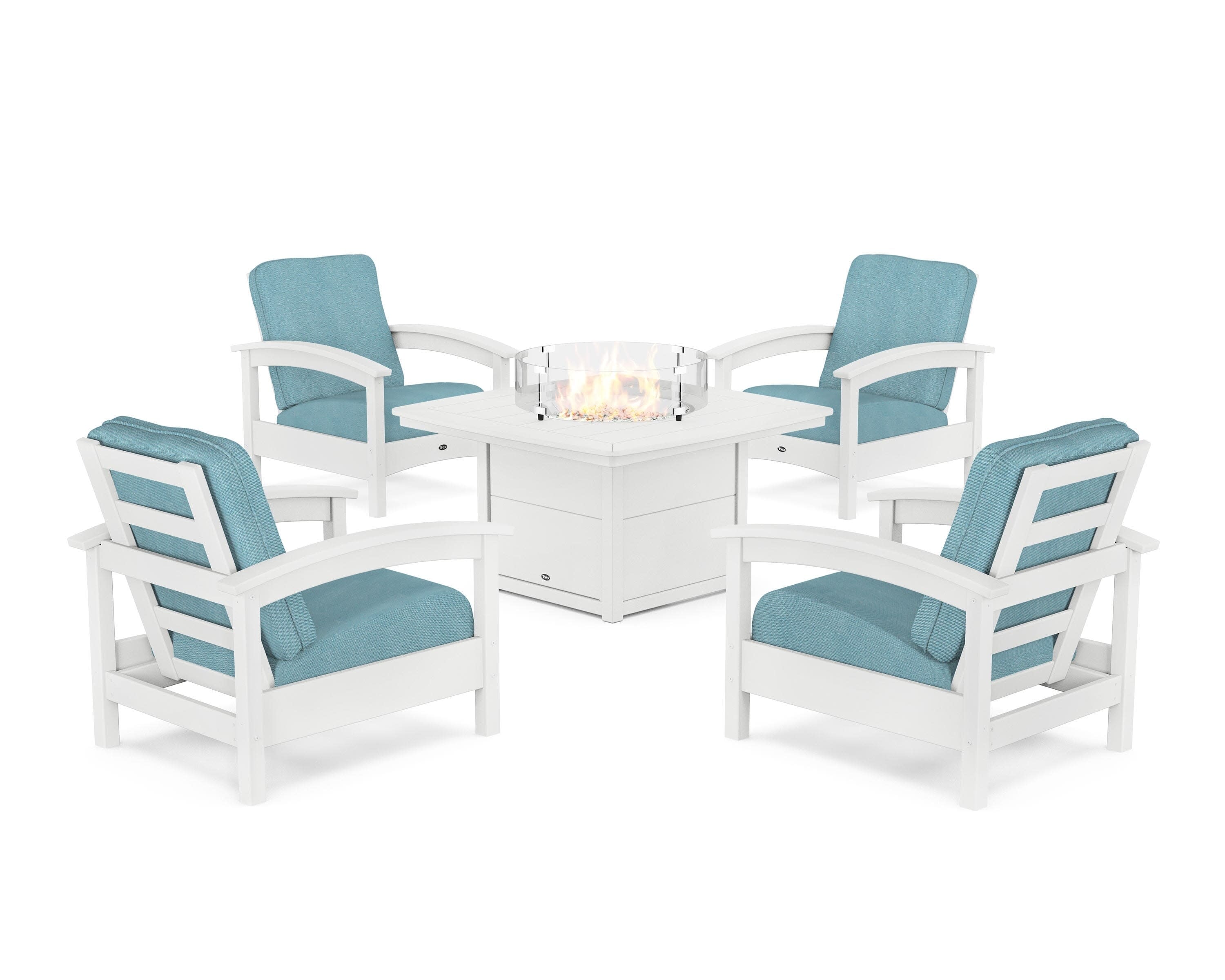 Rockport 5-Piece Deep Seating Set with Yacht Club Fire Pit Table in Classic White / Lattice Sky Blue