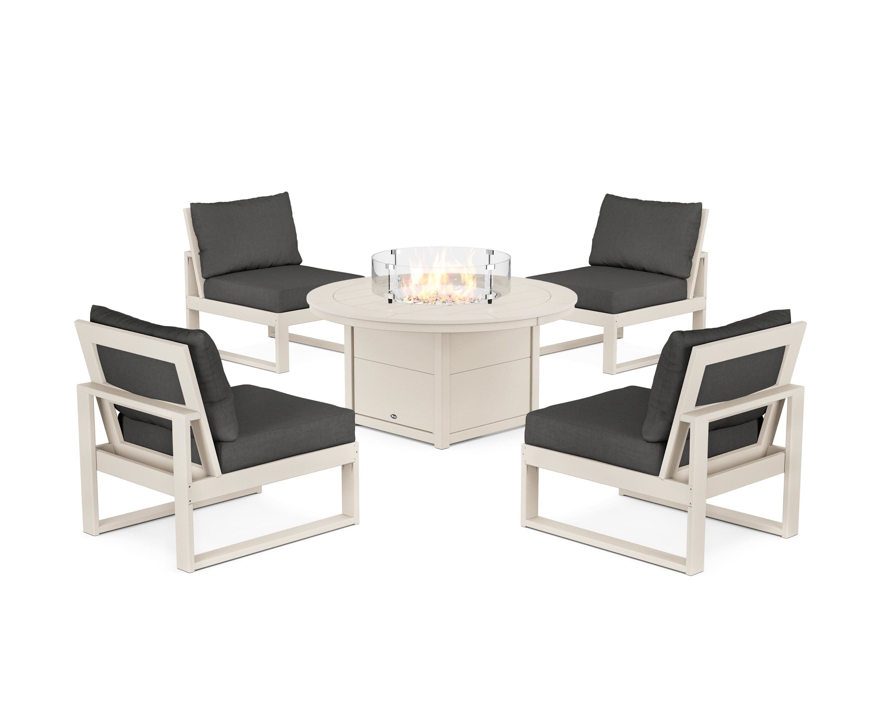 Eastport Modular 5-Piece Deep Seating Set with Round Fire Pit Table in Sand Castle / Spectrum Carbon