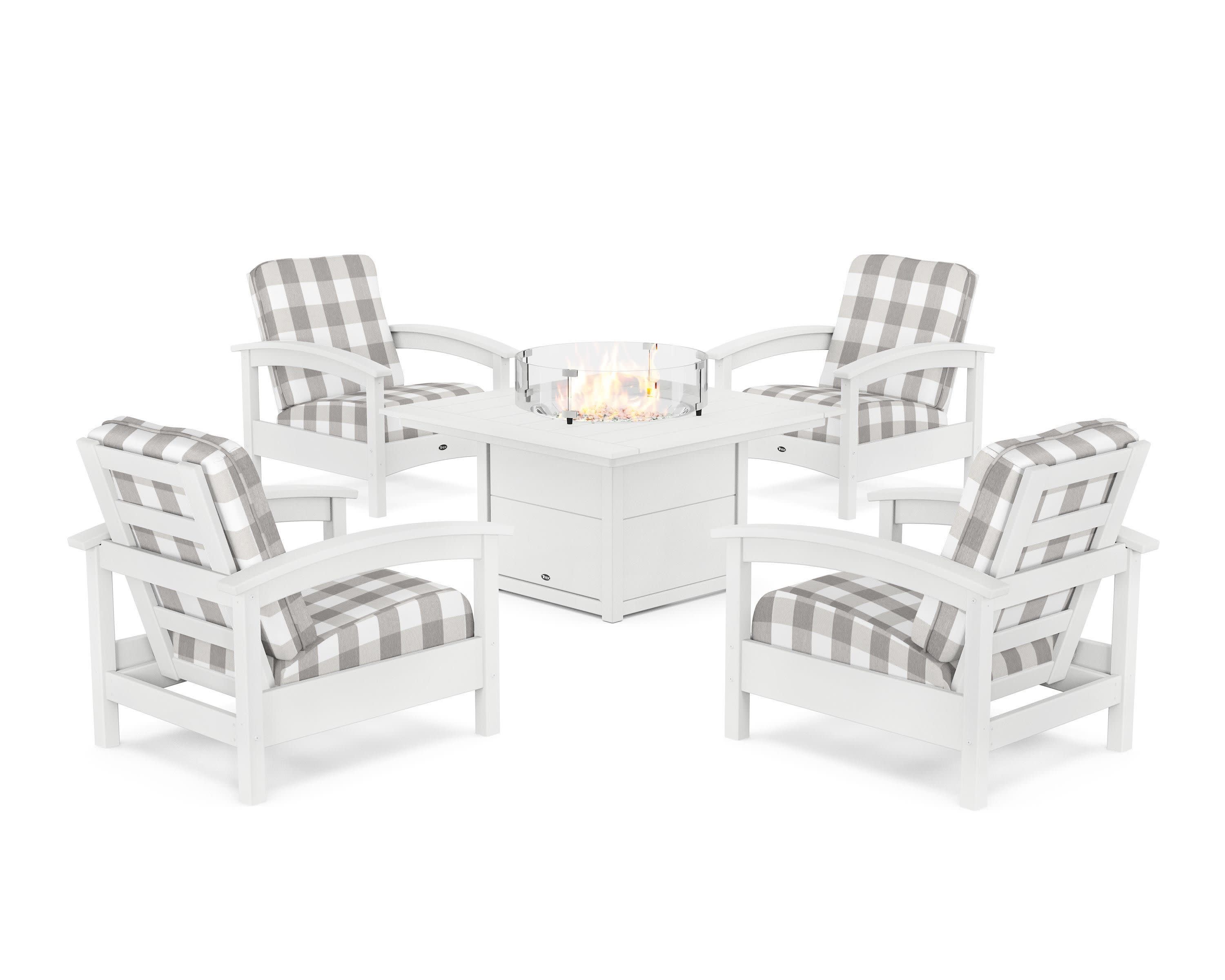 Rockport 5-Piece Deep Seating Set with Square Fire Pit Table in Classic White / Buffalo Plaid Grey Mist