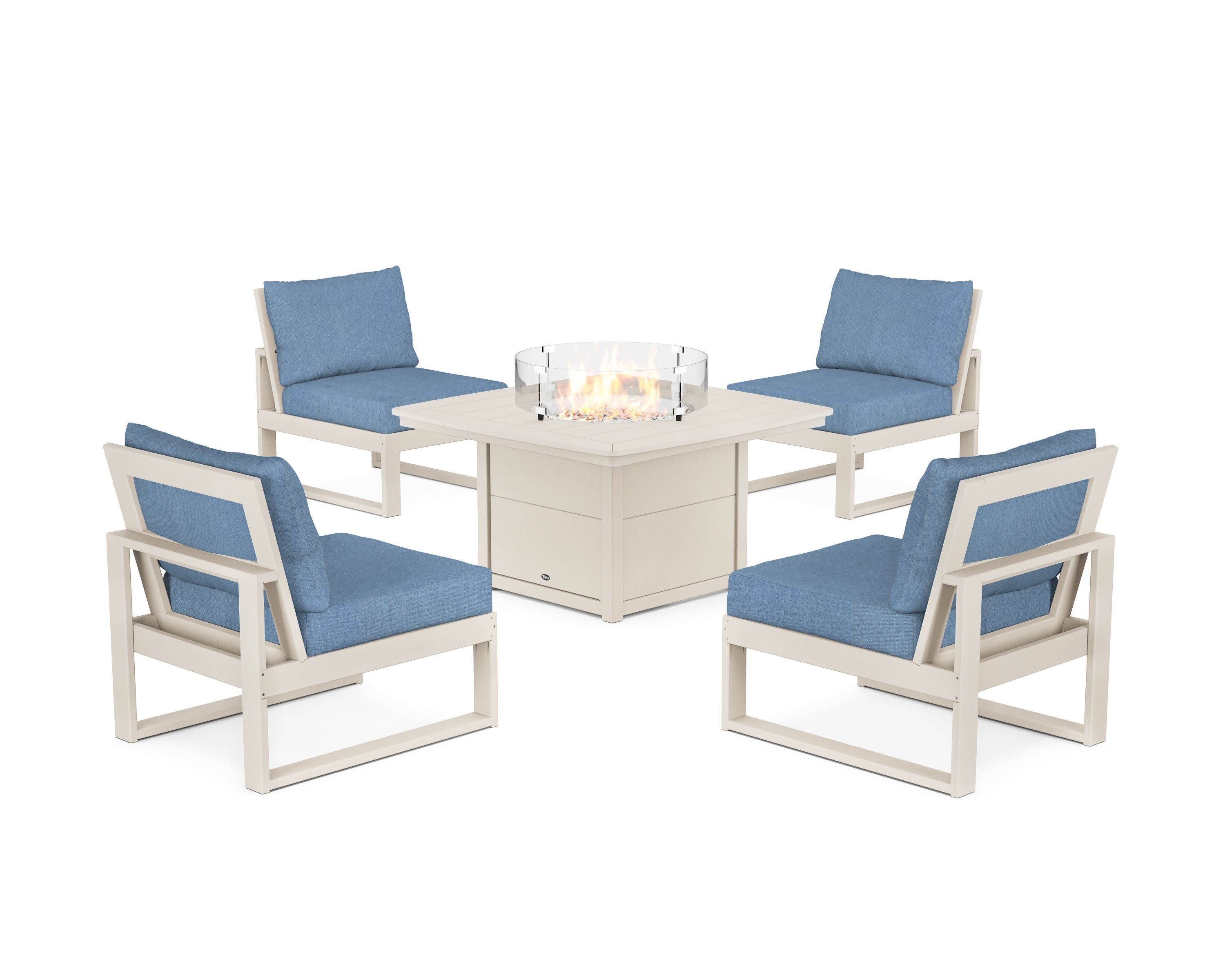 Eastport Modular 5-Piece Deep Seating Set with Yacht Club Fire Pit Table in Sand Castle / Sky Blue