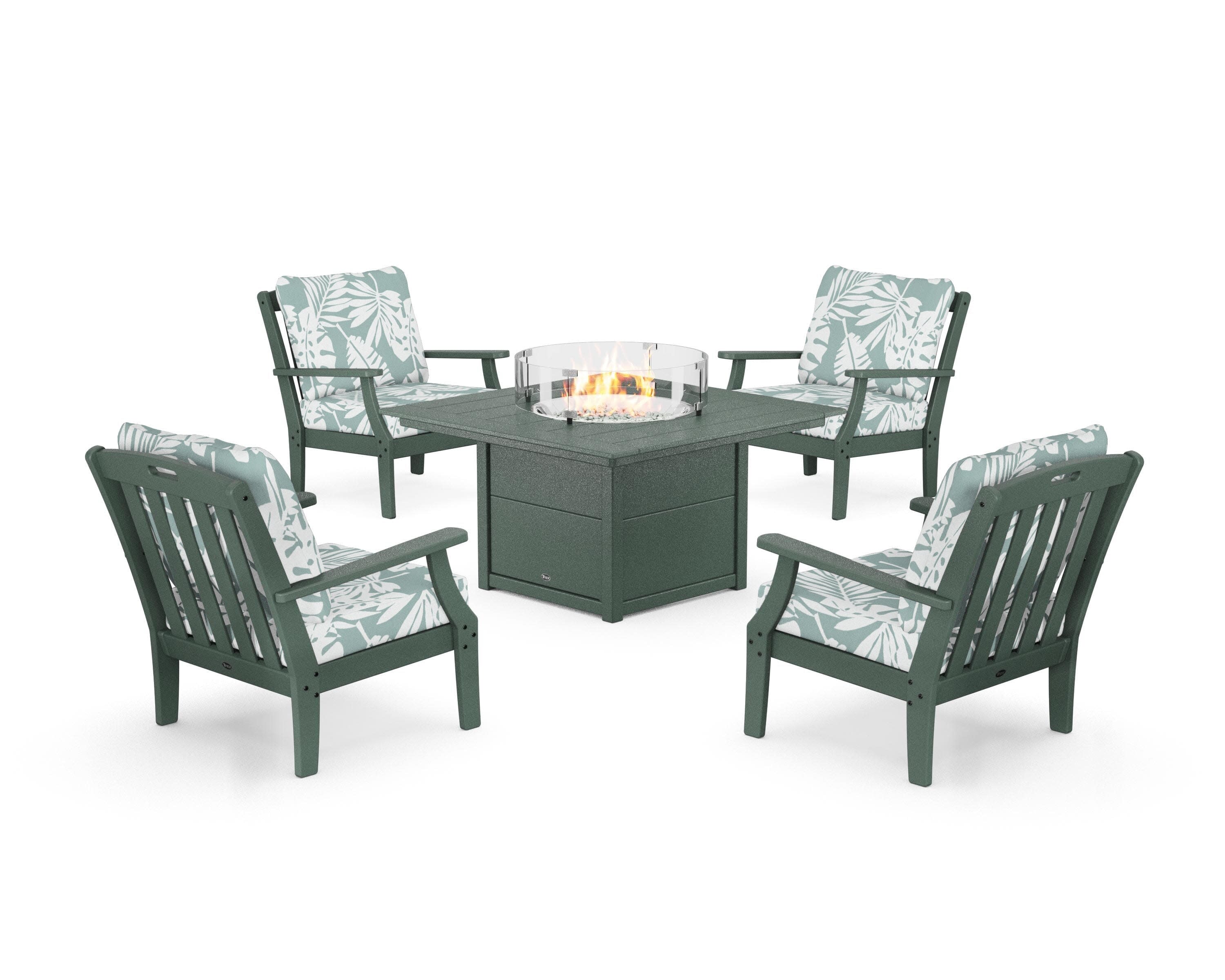 Yacht Club 5-Piece Deep Seating Set with Square Fire Pit Table in Rainforest Canopy / Leaf Glacier Spa