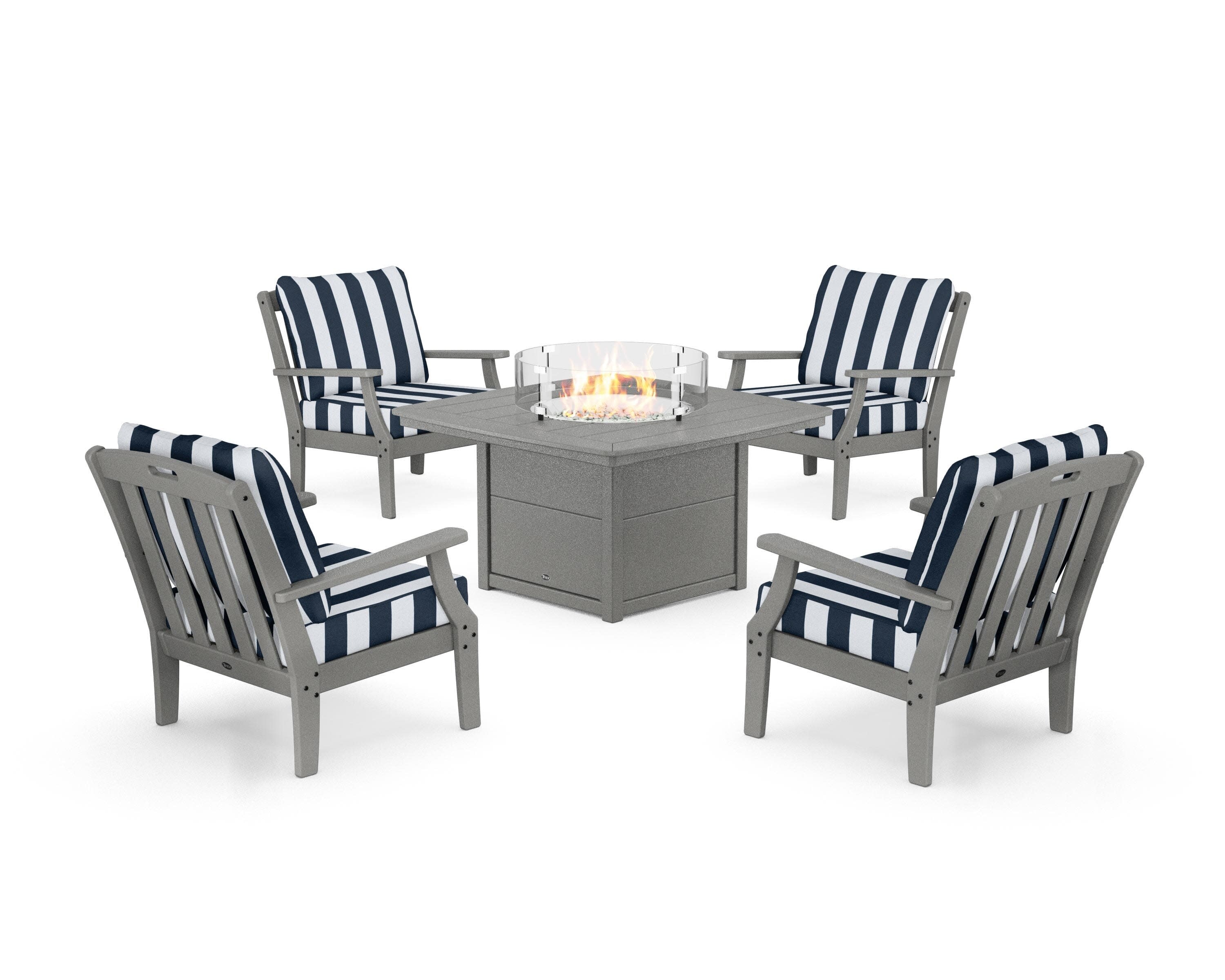 Yacht Club 5-Piece Deep Seating Set with Fire Pit Table in Stepping Stone / Cabana Stripe Marine Indigo