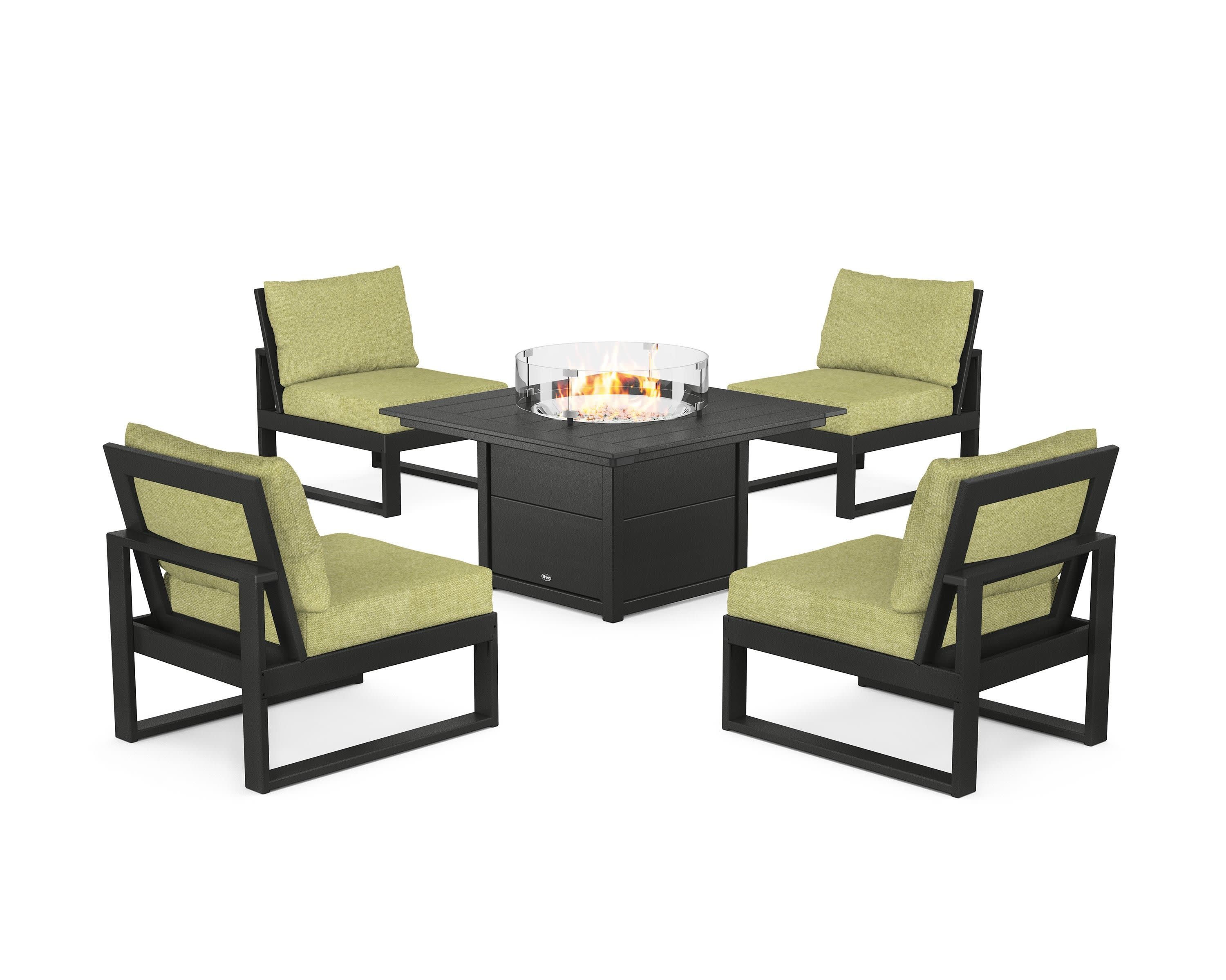 Eastport Modular 5-Piece Deep Seating Set with Square Fire Pit Table in Charcoal Black / Chartreuse Boucle
