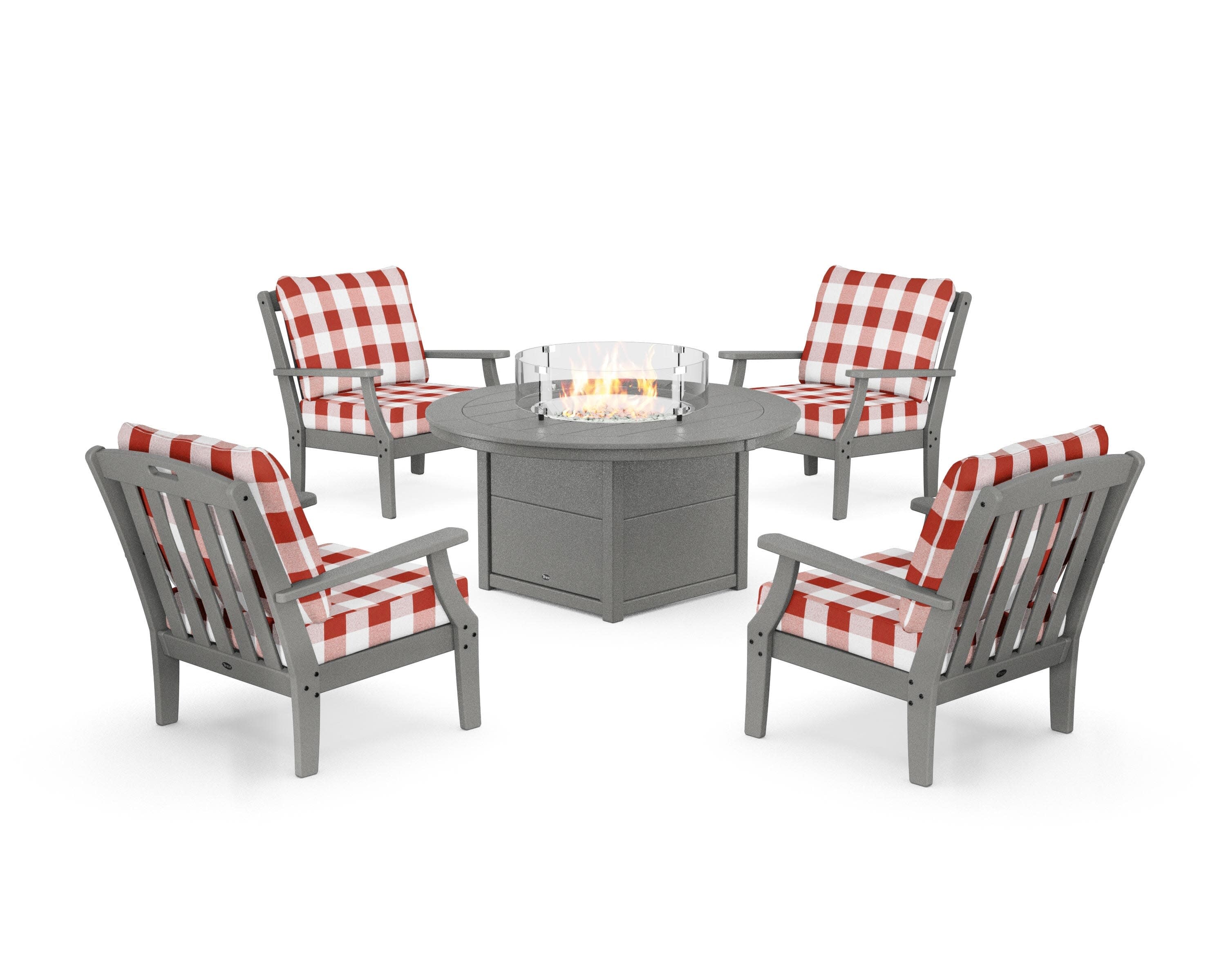 Yacht Club 5-Piece Deep Seating Set with Round Fire Pit Table in Stepping Stone / Buffalo Plaid Crimson