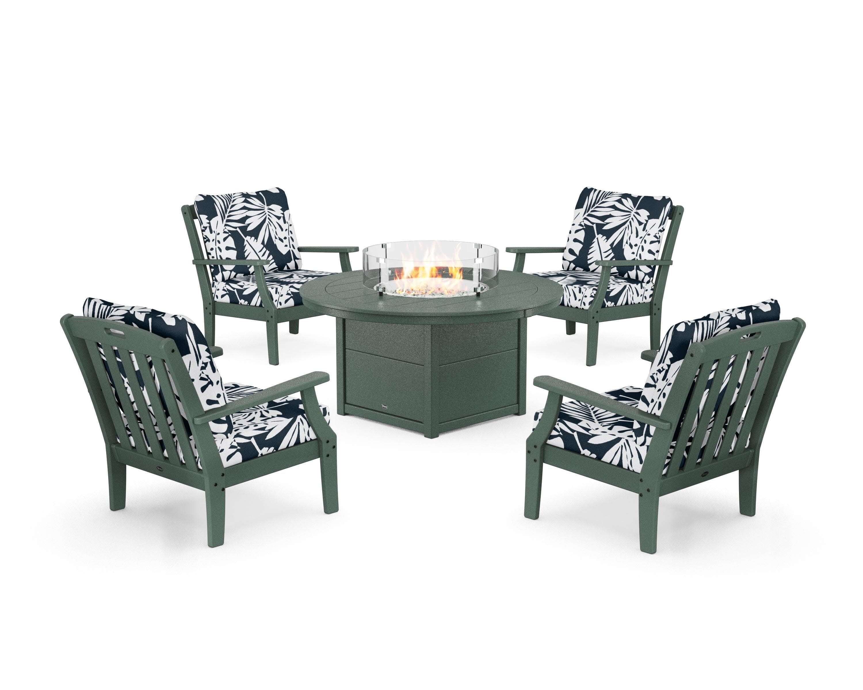 Yacht Club 5-Piece Deep Seating Set with Round Fire Pit Table in Rainforest Canopy / Leaf Marine Indigo