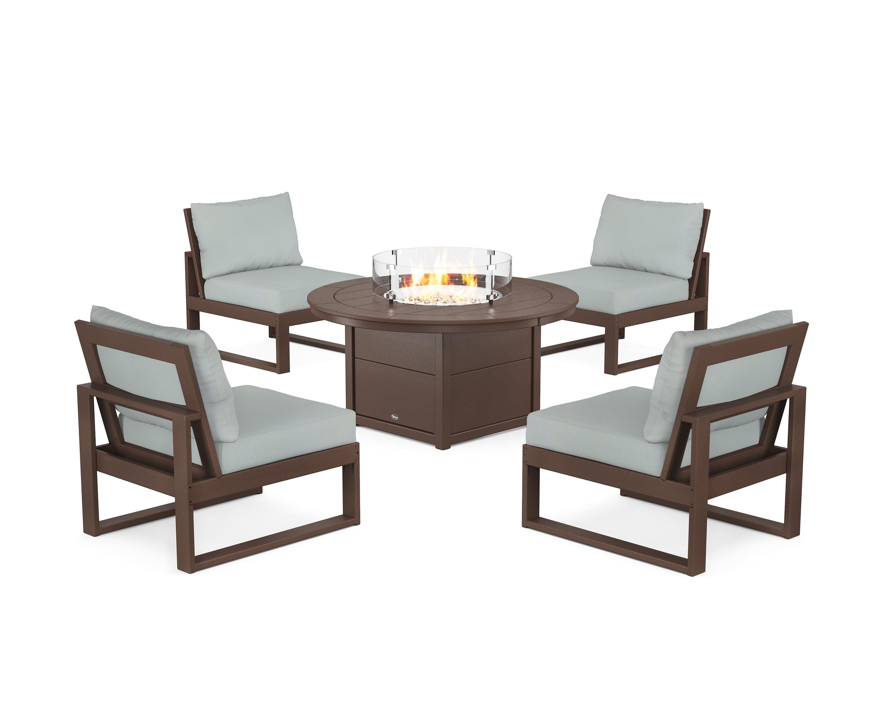 Eastport Modular 5-Piece Deep Seating Set with Round Fire Pit Table in Vintage Lantern / Spa