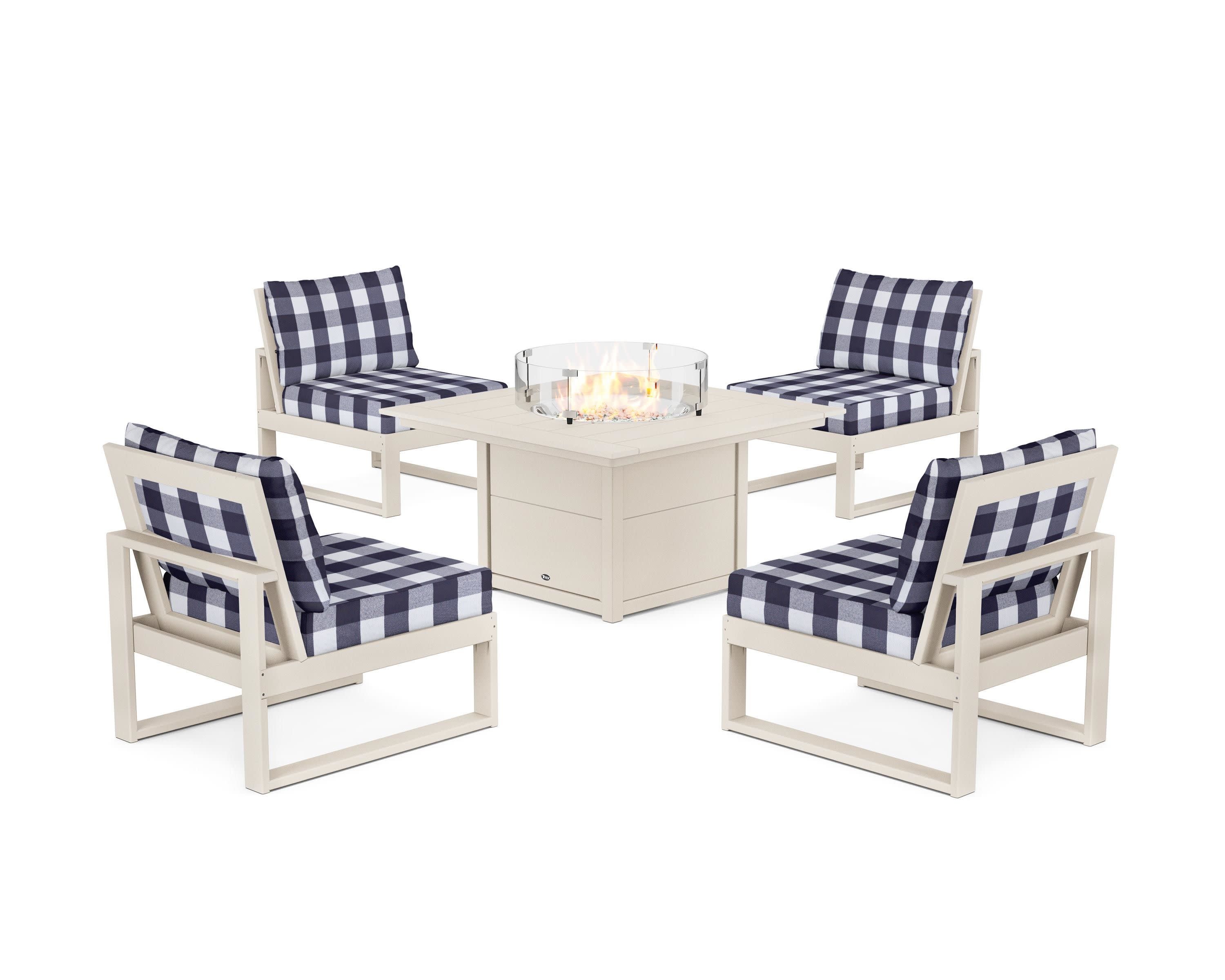 Eastport Modular 5-Piece Deep Seating Set with Square Fire Pit Table in Sand Castle / Buffalo Plaid Navy