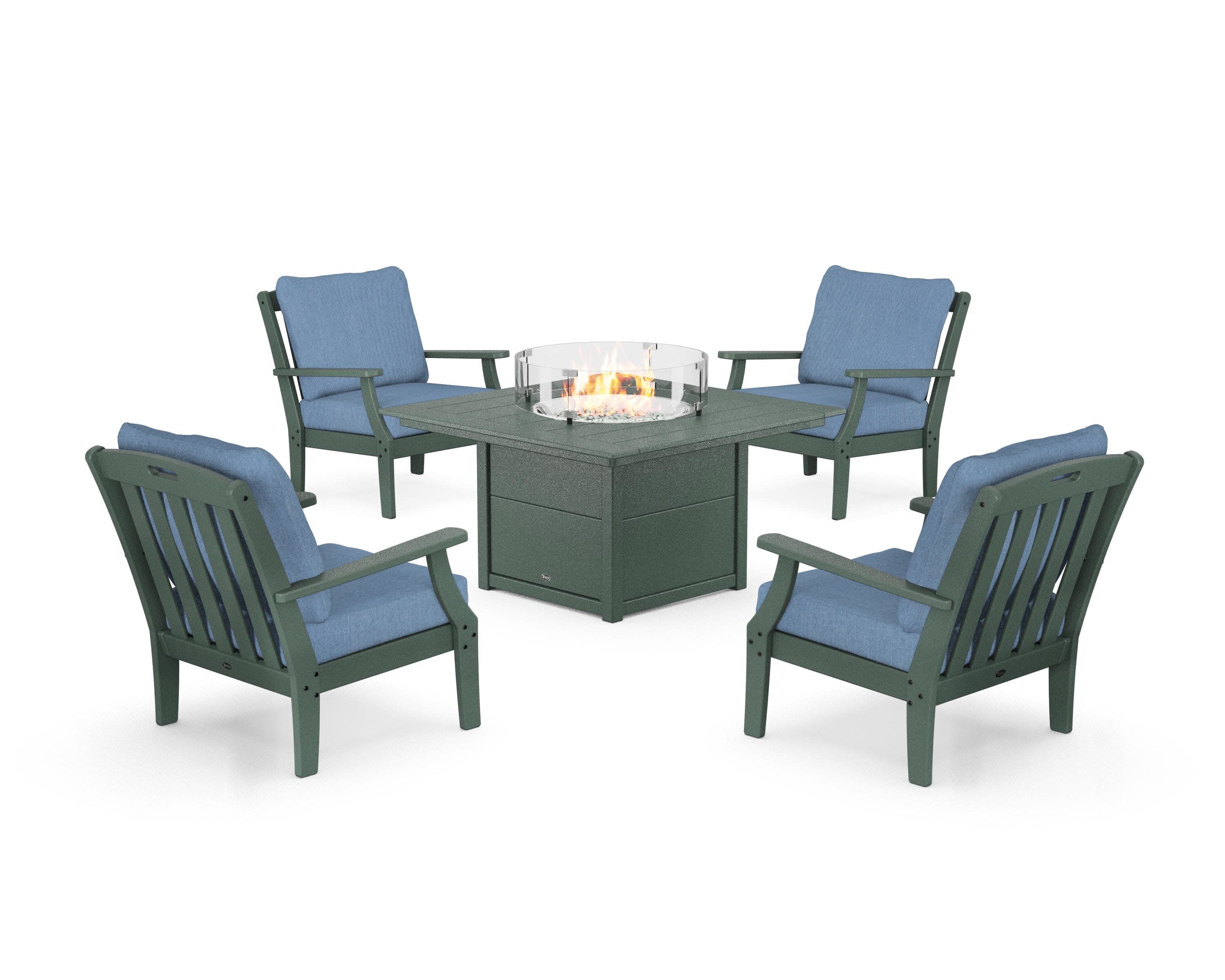 Yacht Club 5-Piece Deep Seating Set with Square Fire Pit Table in Rainforest Canopy / Sky Blue