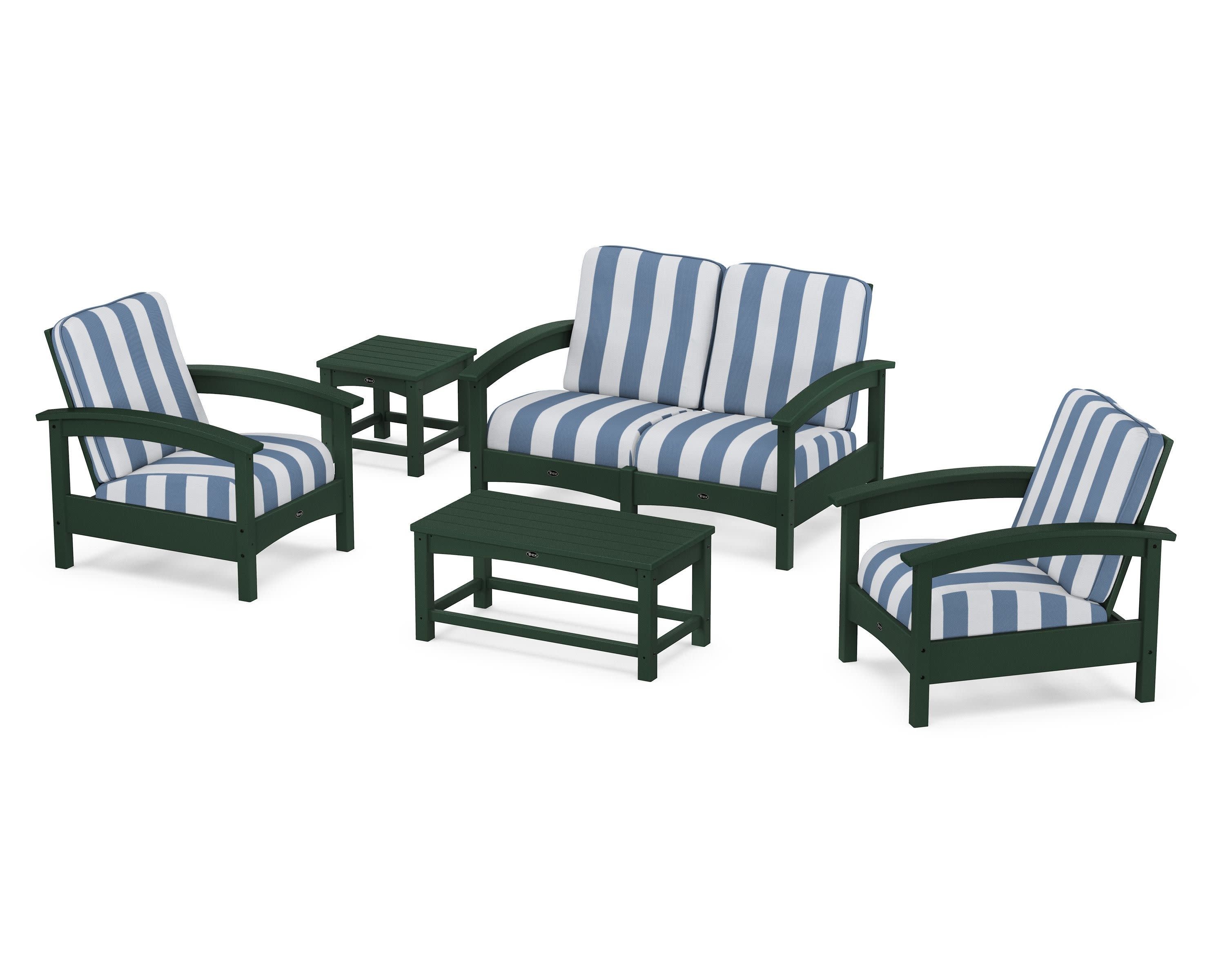 Rockport Club 6-Piece Deep Seating Conversation Set in Rainforest Canopy / Cabana Stripe Sky Blue