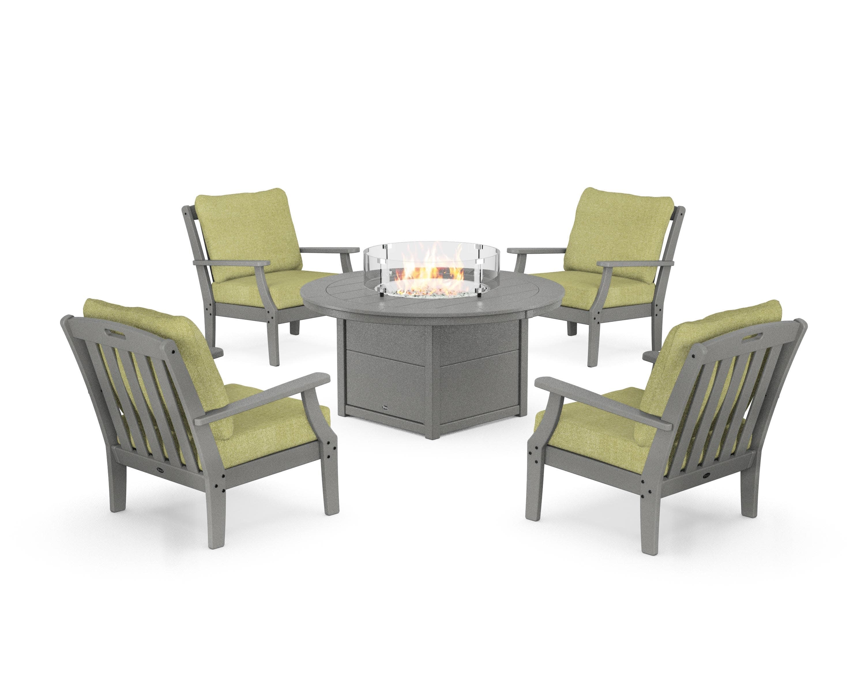 Yacht Club 5-Piece Deep Seating Set with Round Fire Pit Table in Stepping Stone / Chartreuse Boucle