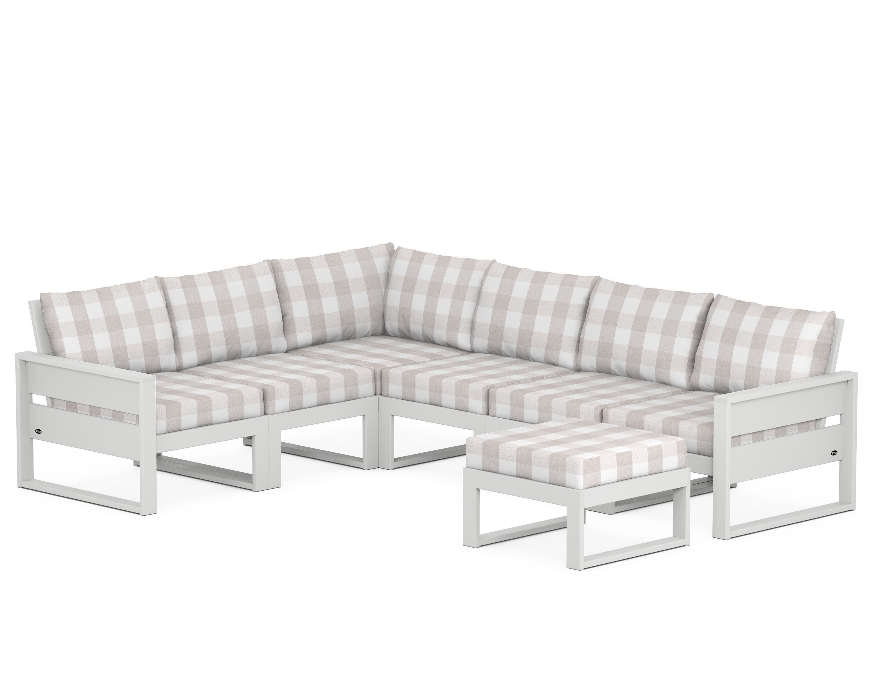 Eastport 6-Piece Sectional with Ottoman in Classic White / Buffalo Plaid Dune Burlap