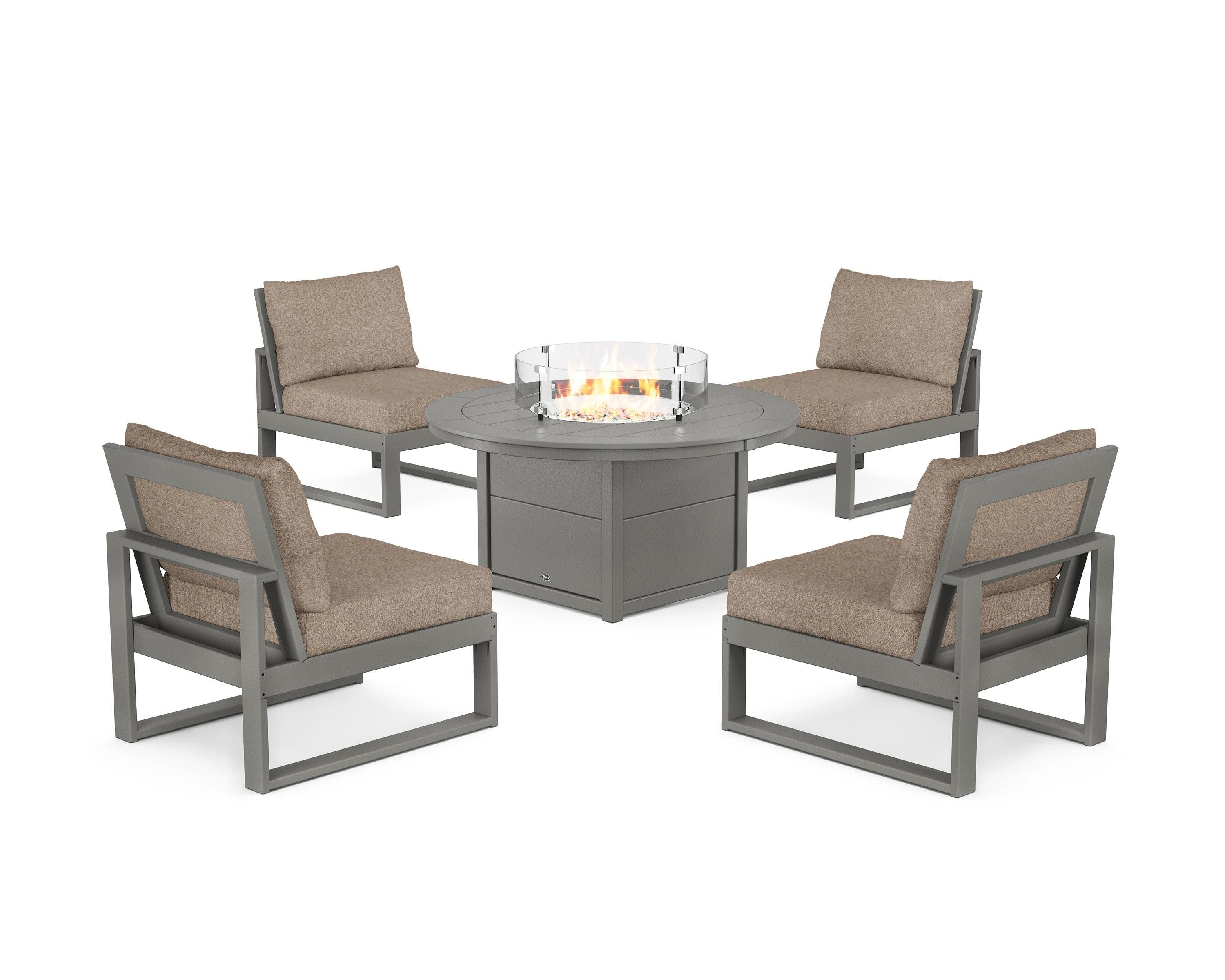 Eastport Modular 5-Piece Deep Seating Set with Round Fire Pit Table in Stepping Stone / Spiced Burlap