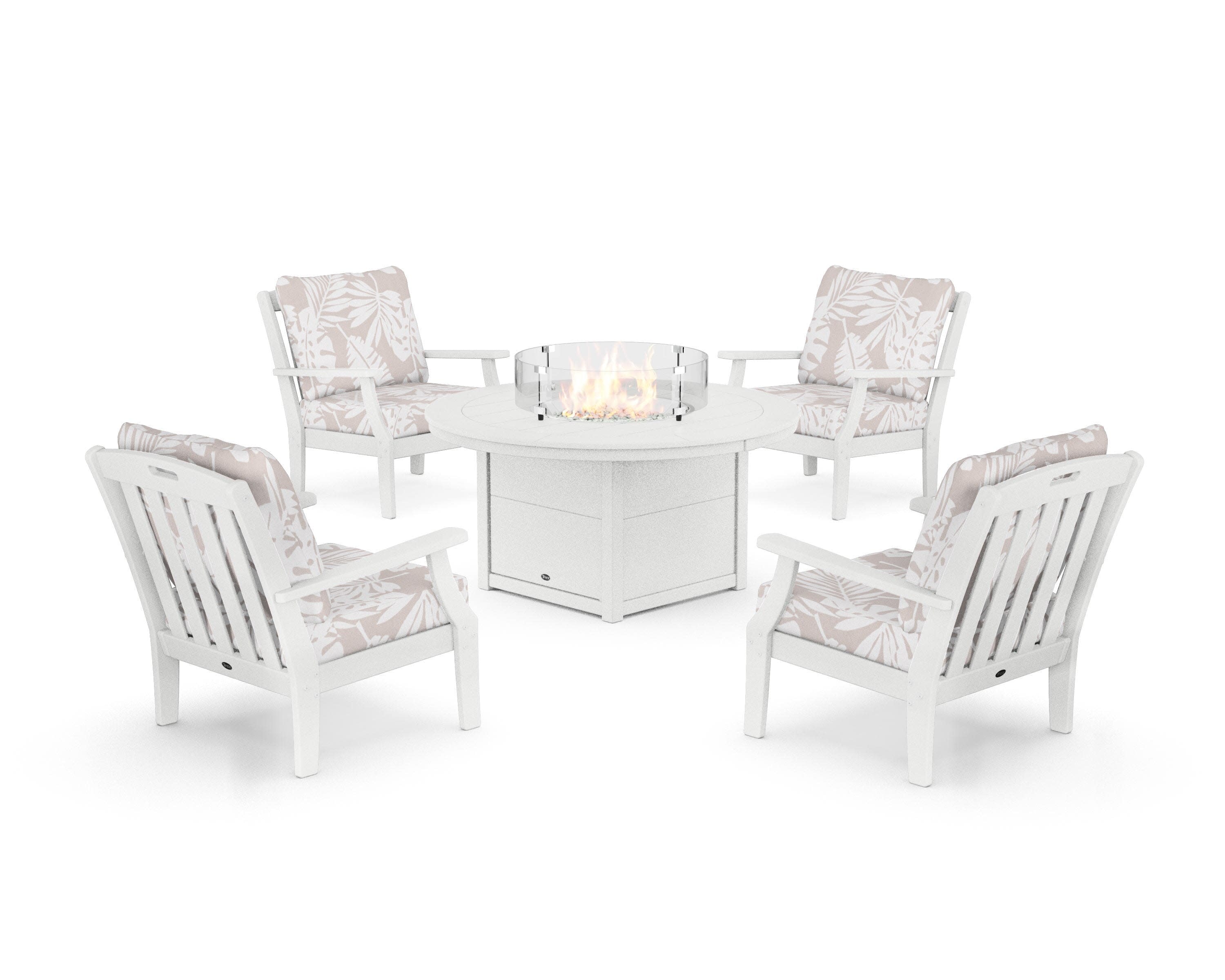 Yacht Club 5-Piece Deep Seating Set with Round Fire Pit Table in Classic White / Leaf Dune Burlap