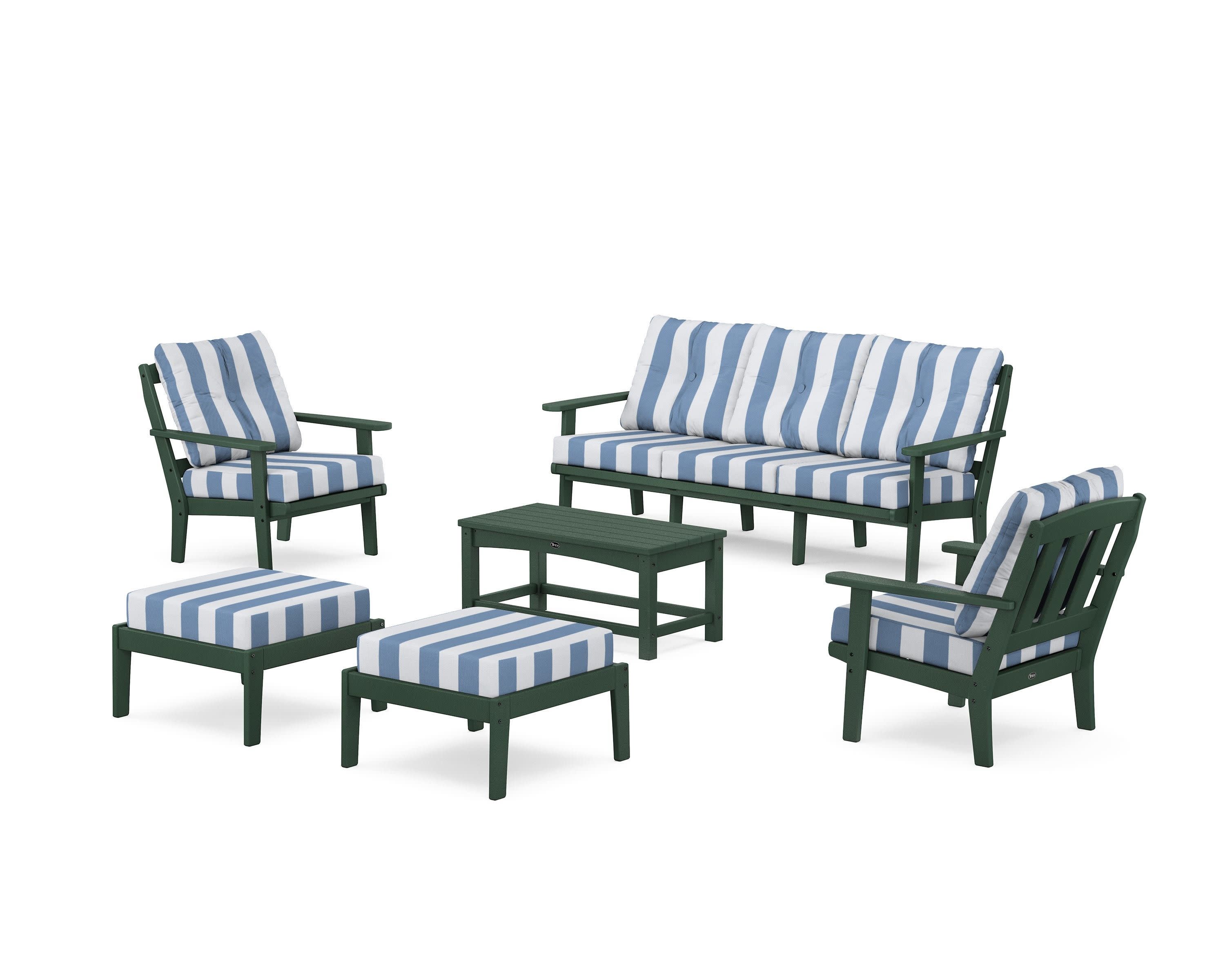 Cape Cod 6-Piece Lounge Sofa Set in Rainforest Canopy / Cabana Stripe Sky Blue
