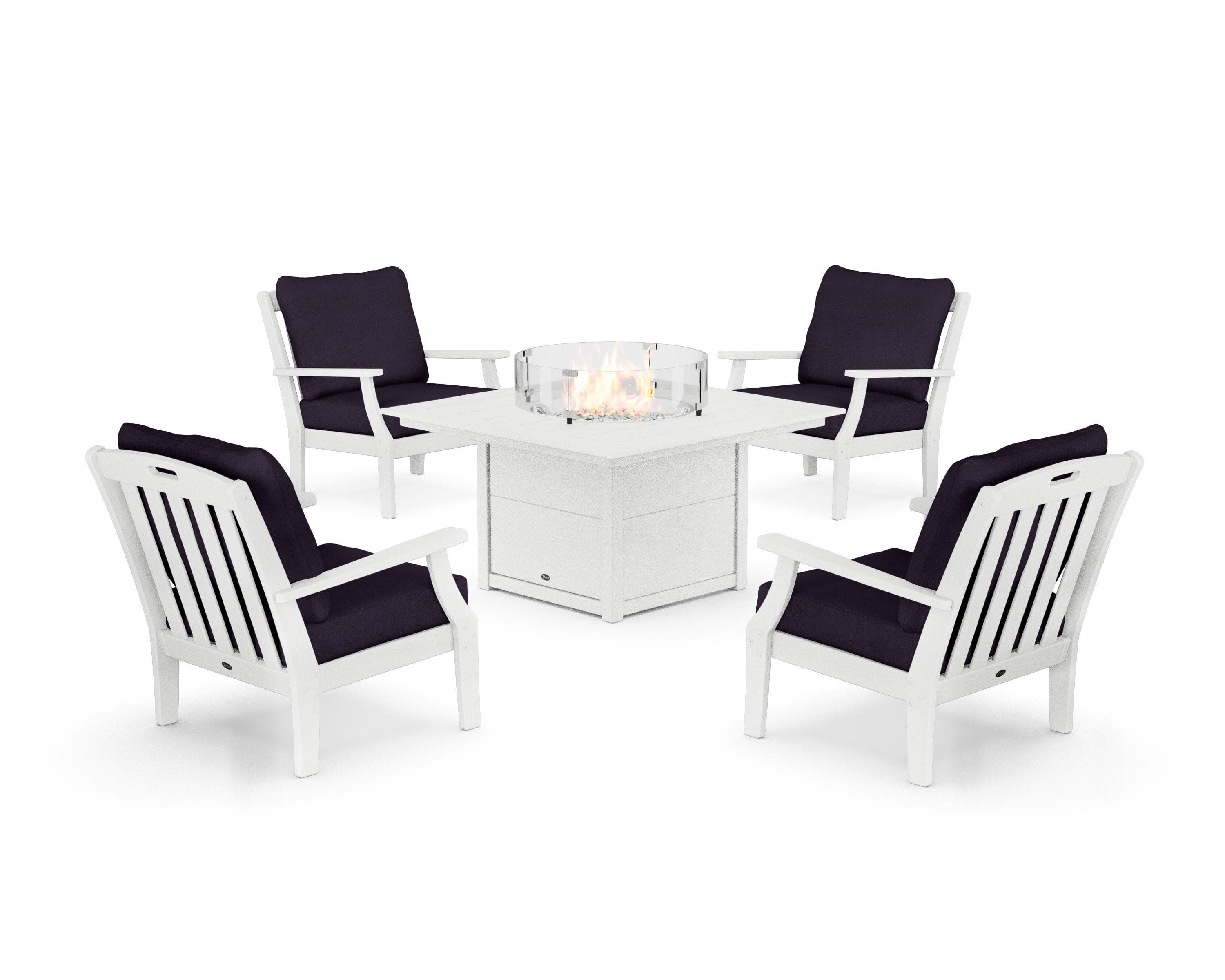 Yacht Club 5-Piece Deep Seating Set with Square Fire Pit Table in Classic White / Navy Linen