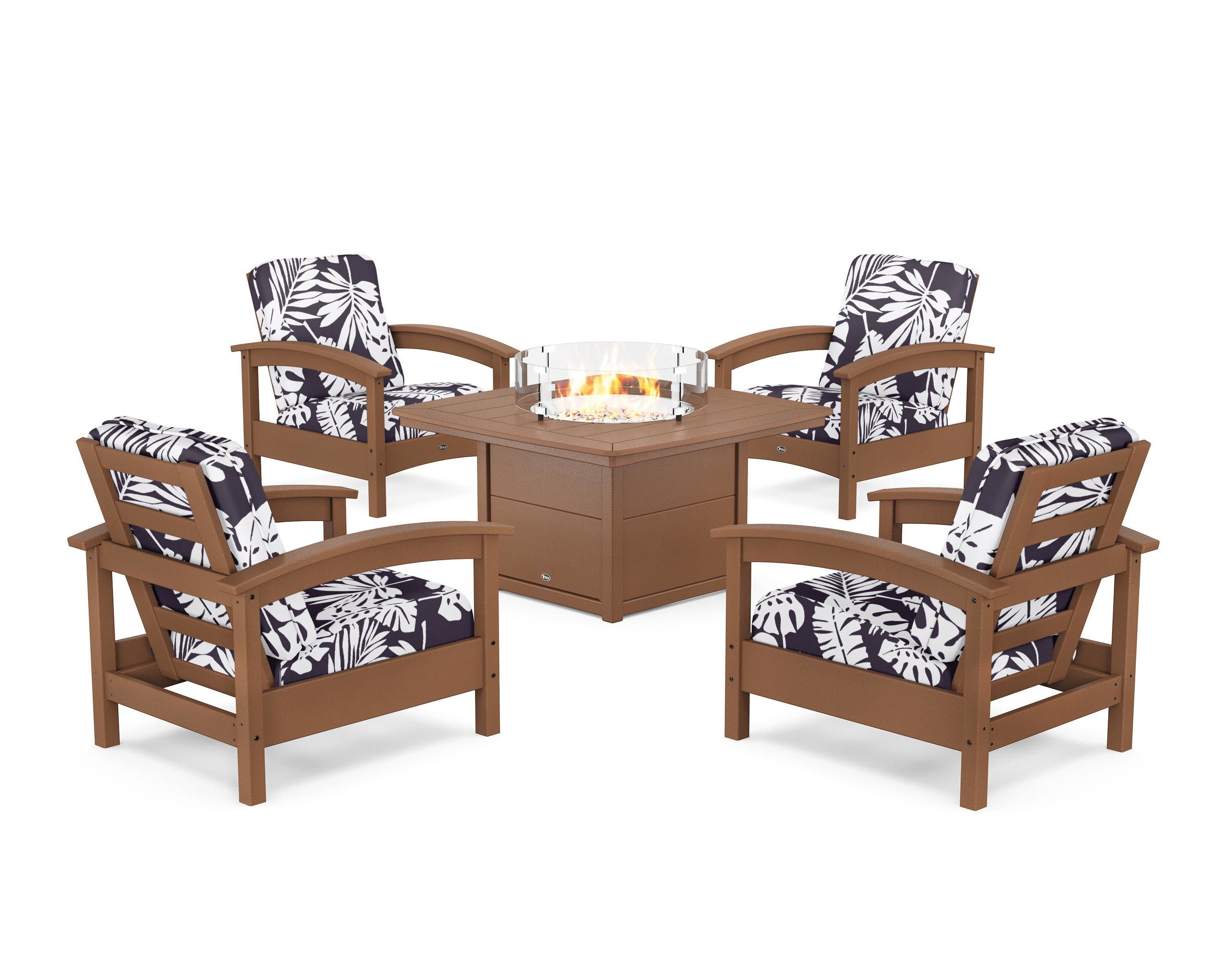 Rockport 5-Piece Deep Seating Set with Yacht Club Fire Pit Table in Tree House / Leaf Navy