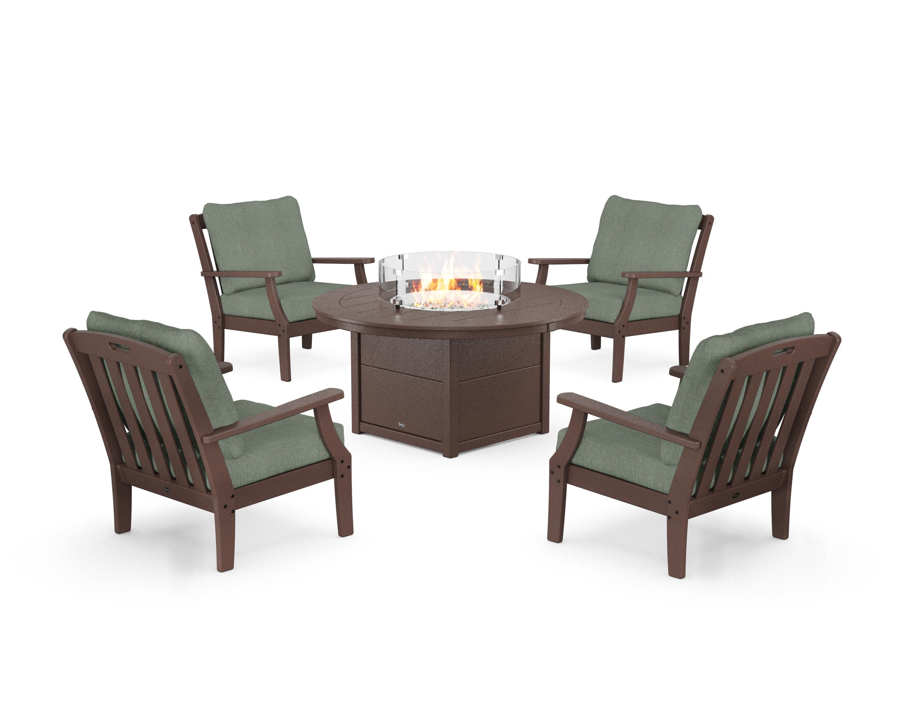 Yacht Club 5-Piece Deep Seating Set with Round Fire Pit Table in Vintage Lantern / Cast Sage
