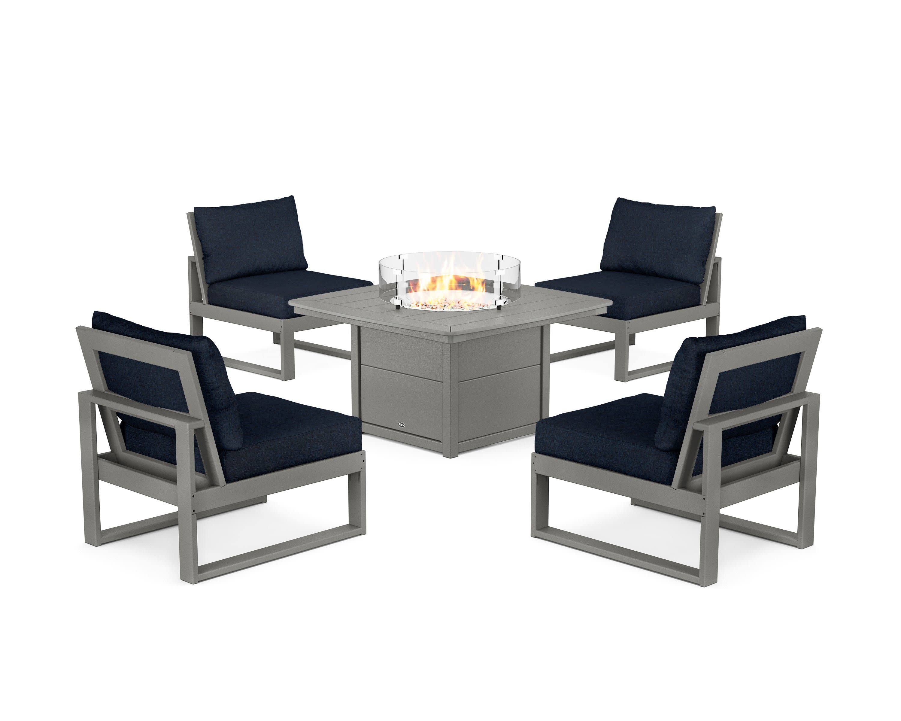 Eastport Modular 5-Piece Deep Seating Set with Yacht Club Fire Pit Table in Stepping Stone / Marine Indigo