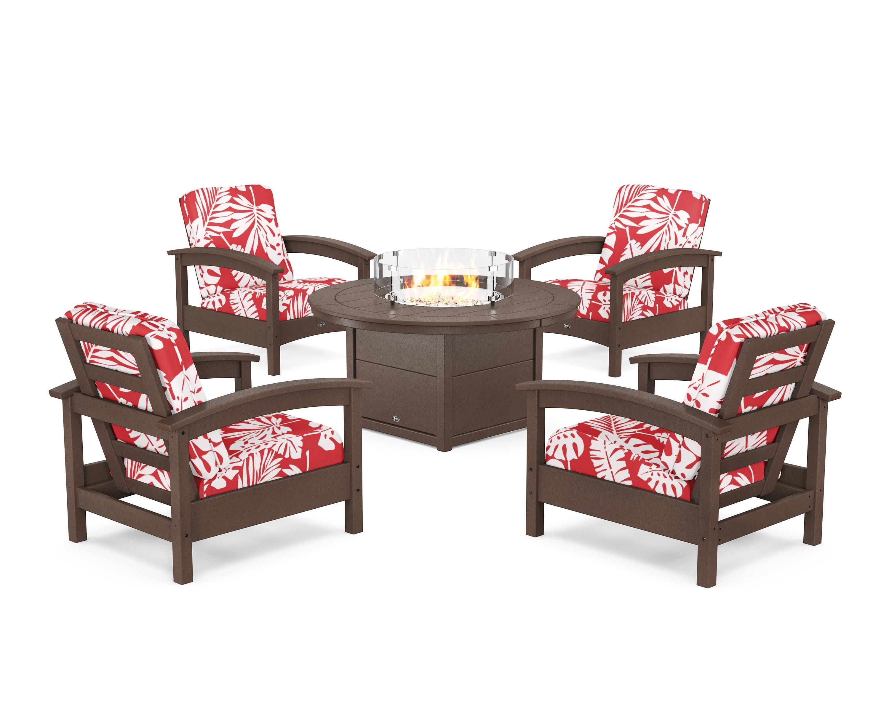 Rockport 5-Piece Deep Seating Set with Round Fire Pit Table in Vintage Lantern / Leaf Crimson
