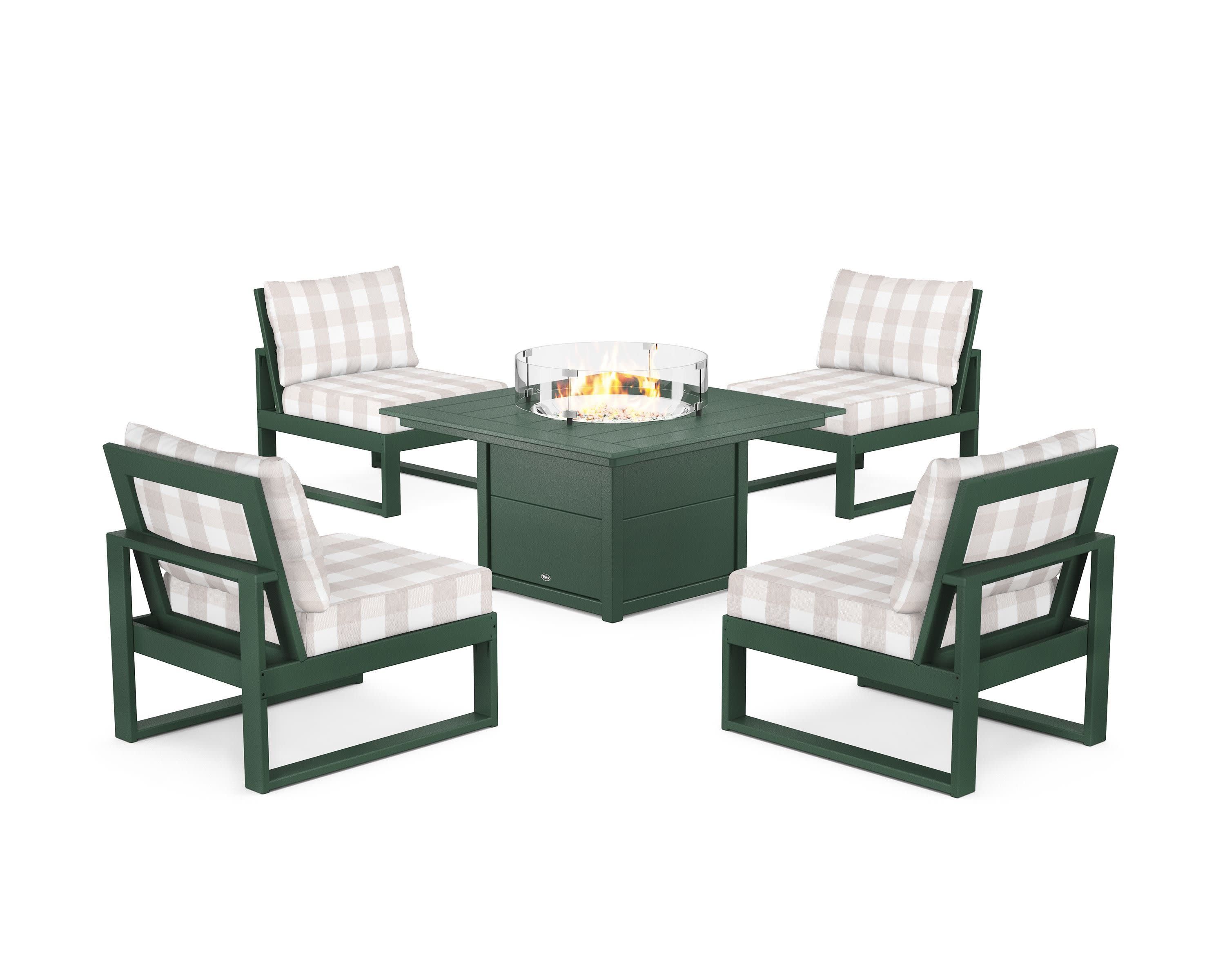 Eastport Modular 5-Piece Deep Seating Set with Square Fire Pit Table in Rainforest Canopy / Buffalo Plaid Dune Burlap