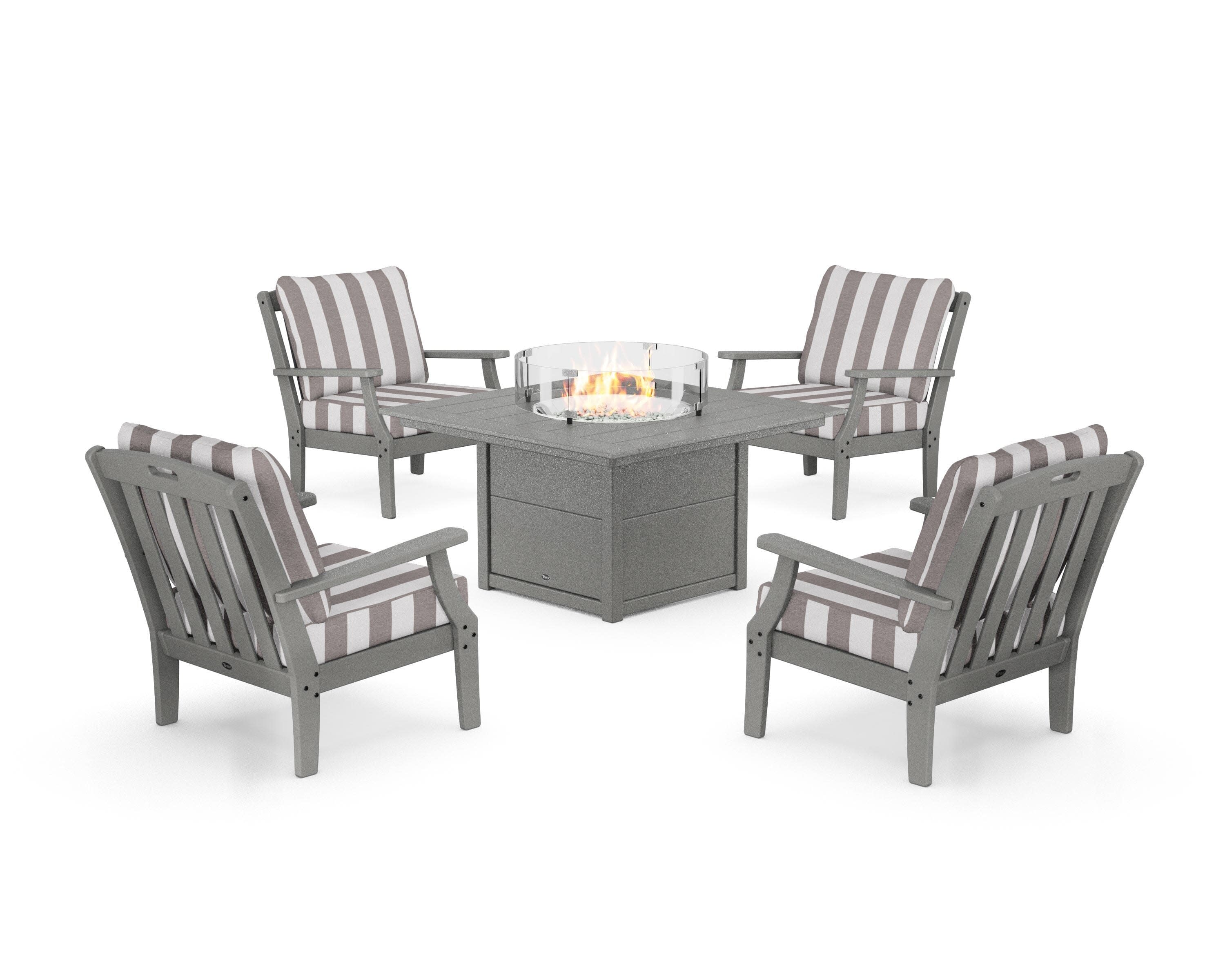 Yacht Club 5-Piece Deep Seating Set with Square Fire Pit Table in Stepping Stone / Cabana Stripe Grey Mist