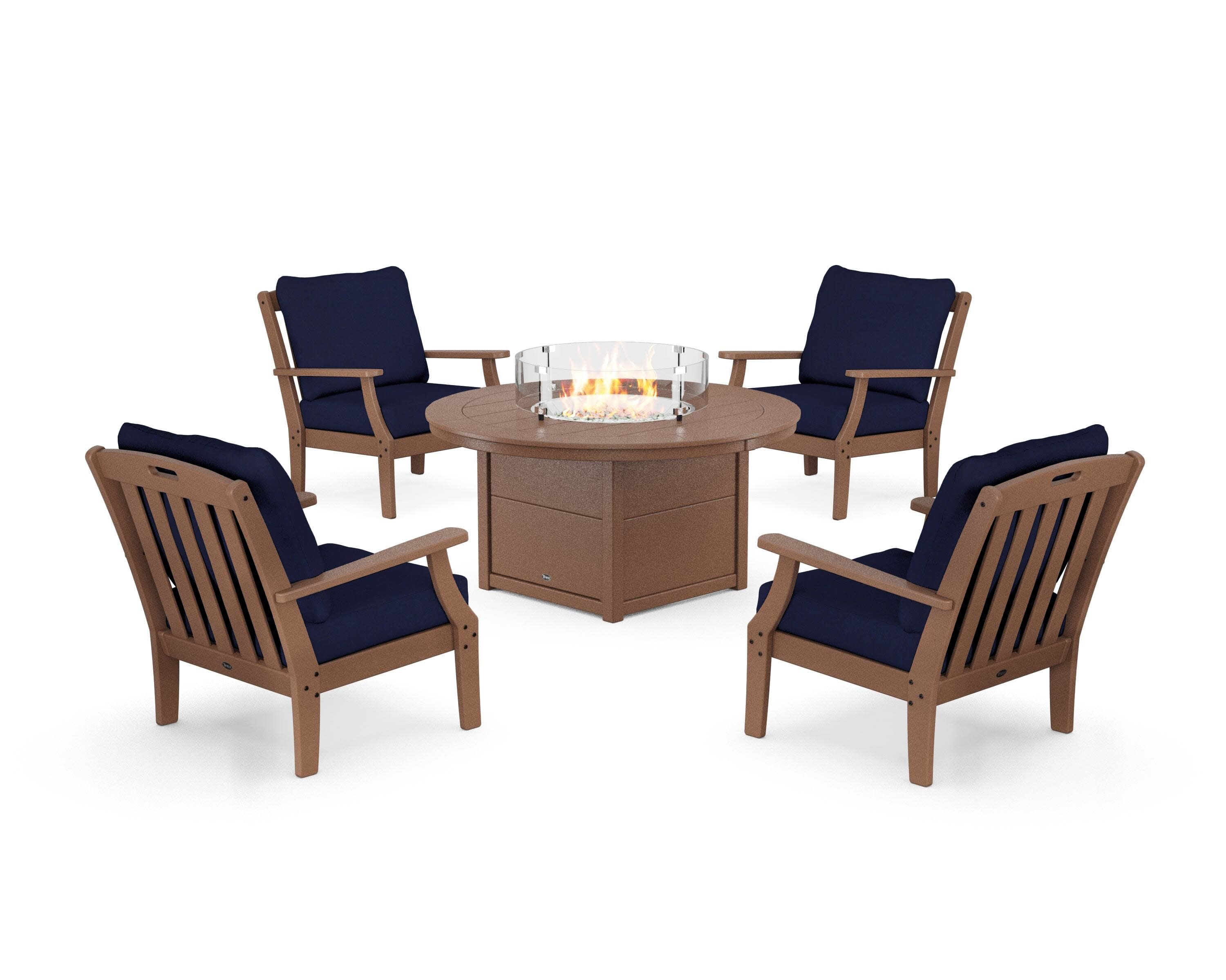 Yacht Club 5-Piece Deep Seating Set with Round Fire Pit Table in Tree House / Navy