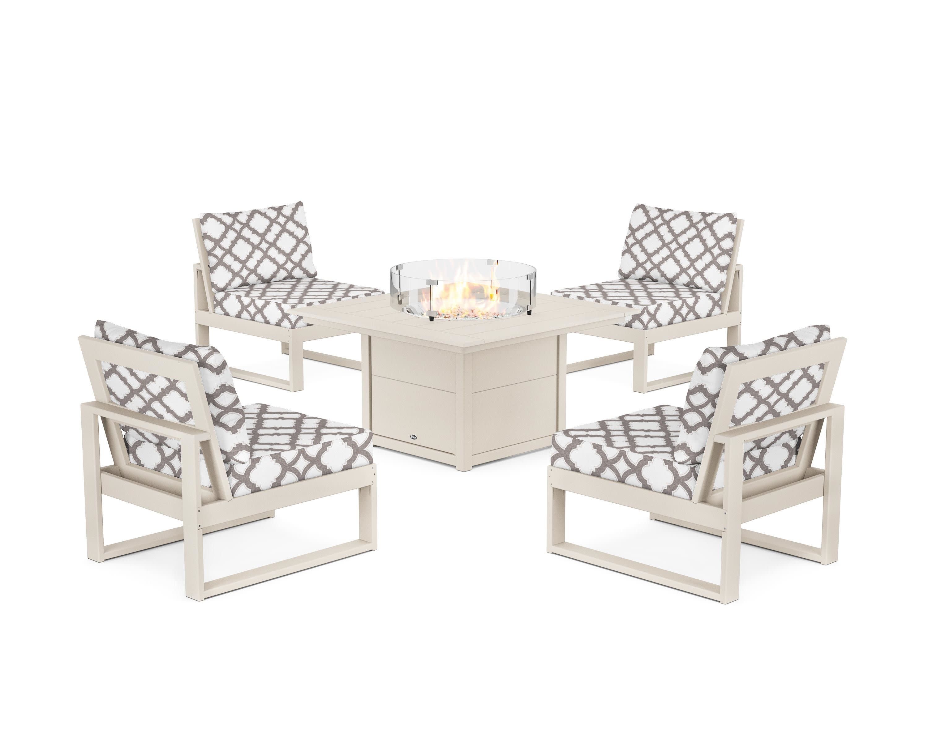 Eastport Modular 5-Piece Deep Seating Set with Square Fire Pit Table in Sand Castle / Trellis Grey Mist