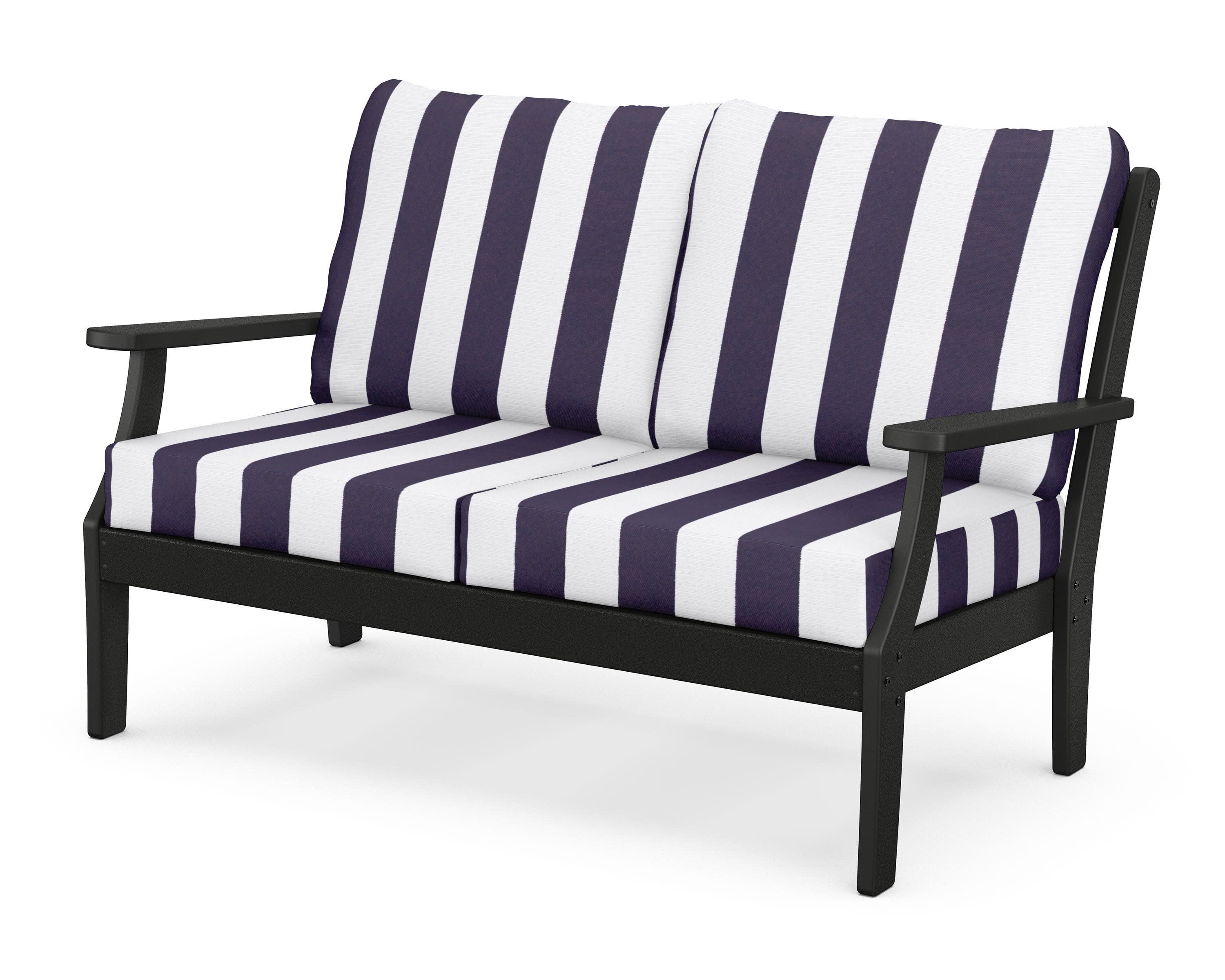 Yacht Club Deep Seating Loveseat in Charcoal Black / Cabana Stripe Navy