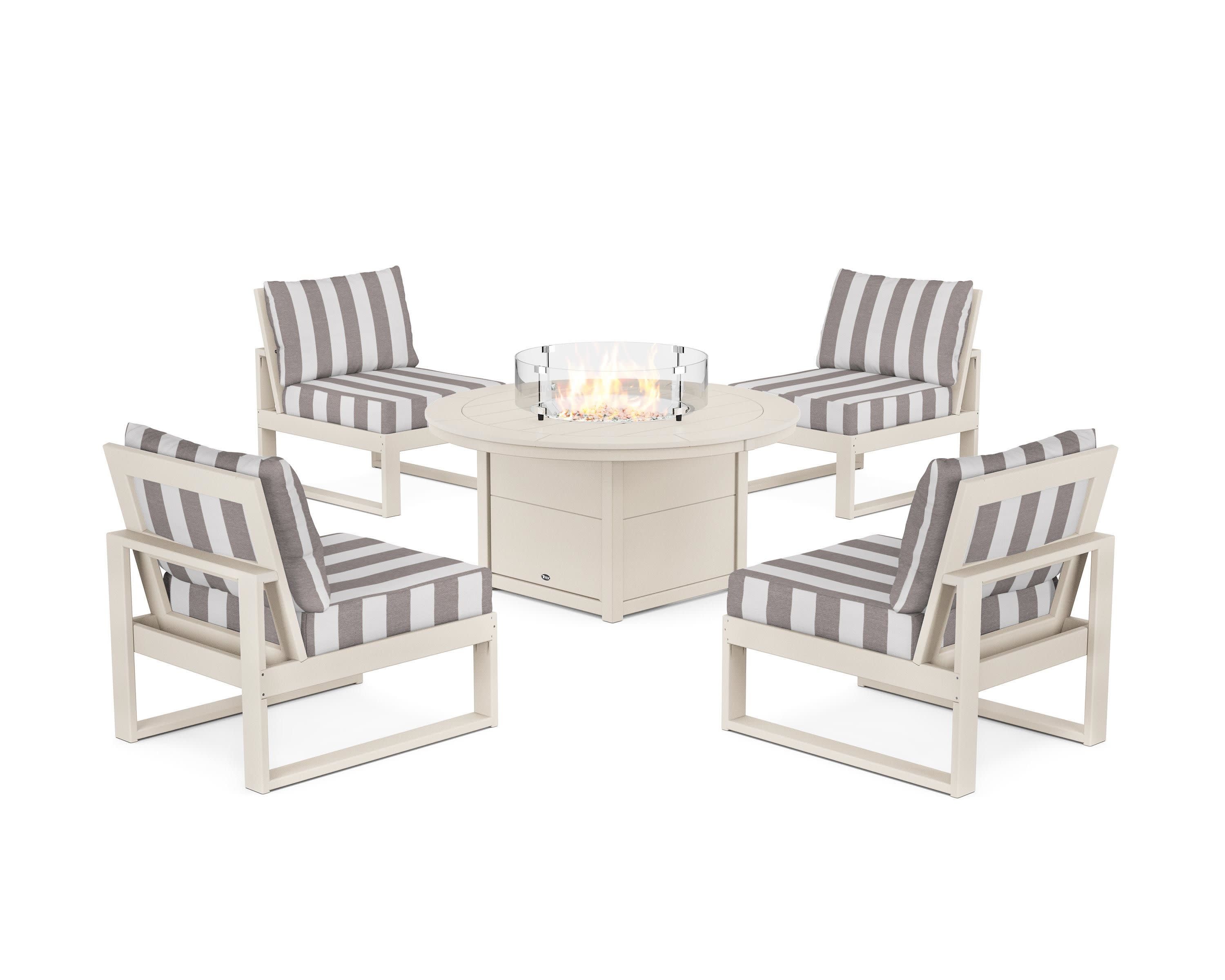Eastport Modular 5-Piece Deep Seating Set with Round Fire Pit Table in Sand Castle / Cabana Stripe Grey Mist